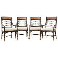 Vintage Set of Four Neoclassical Style Rattan Dining Armchairs
