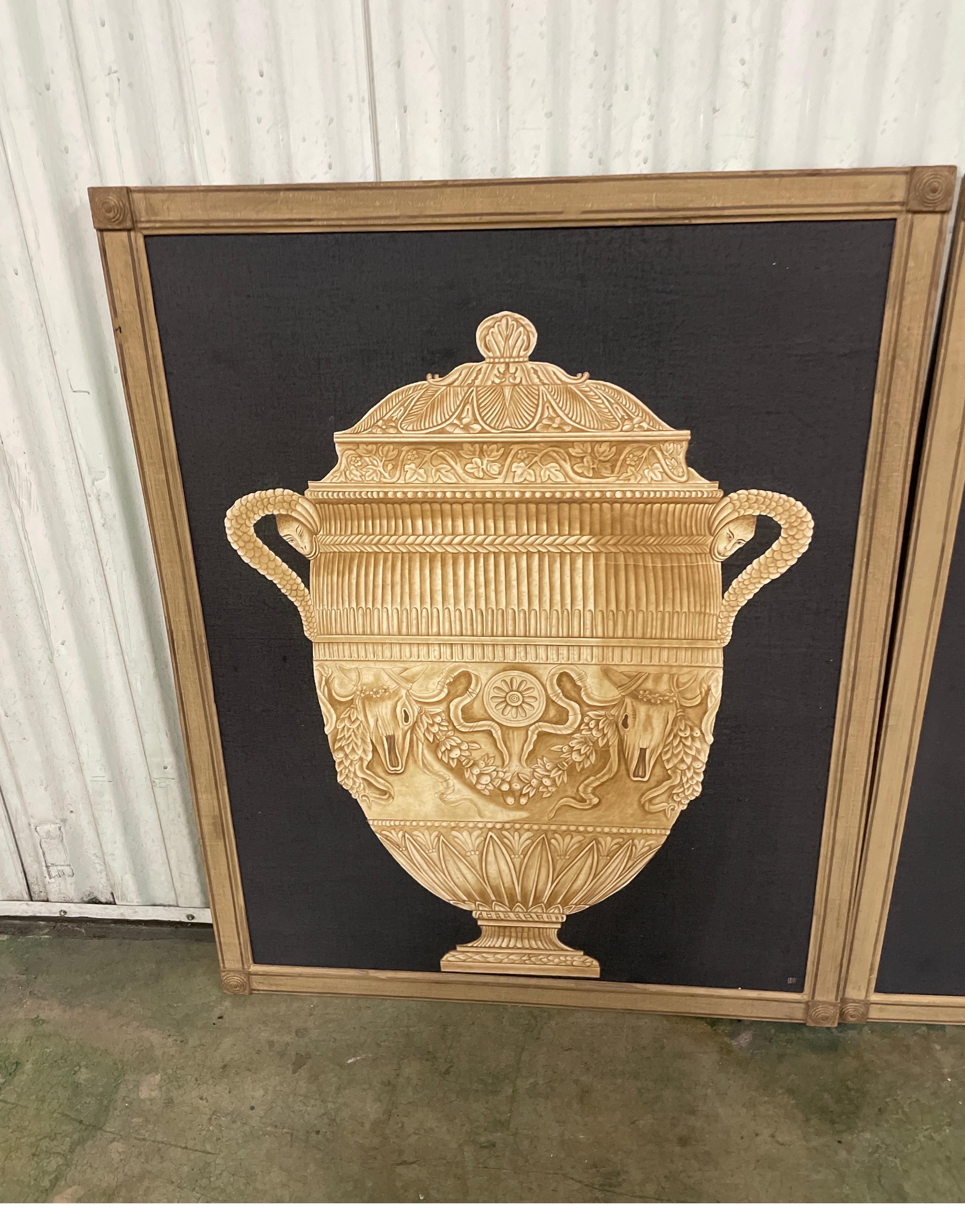 Set of four vintage neoclassical wood plaques of different, but complimentary urns. All done on a black background with natural stone colored urns. Elegant wood frame with small corner details.