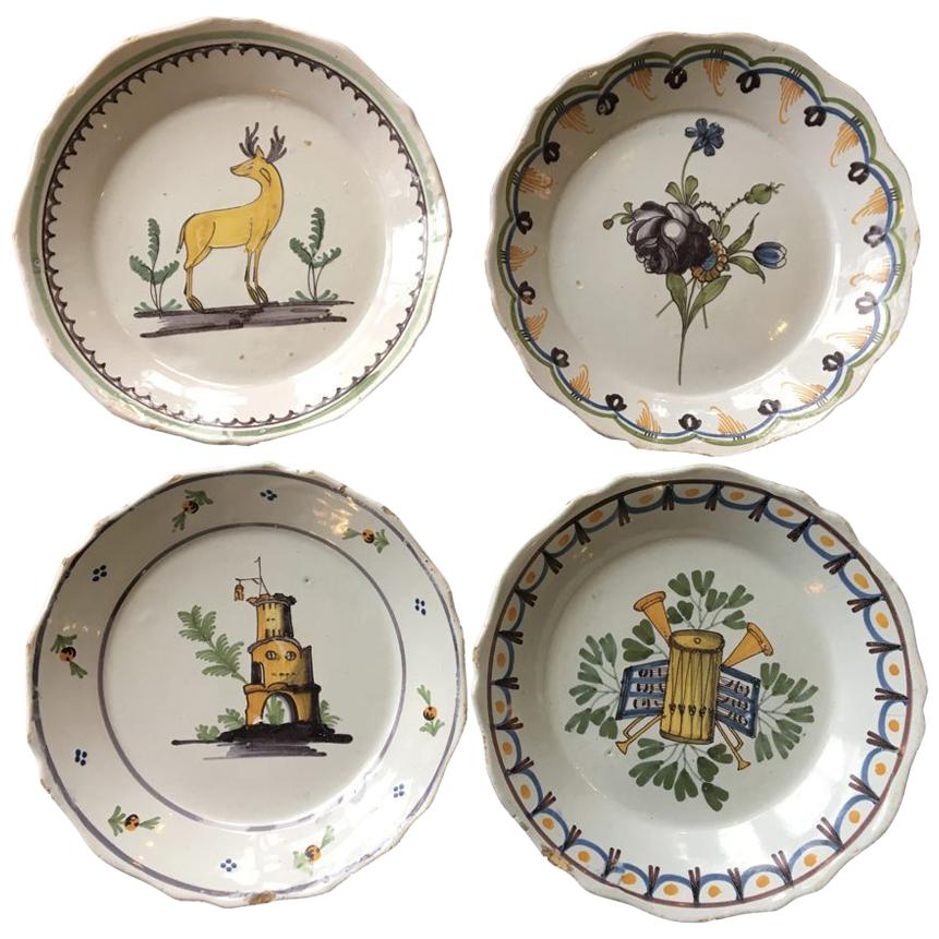 Set of Four Nevers French Faience Plates, 18th Century