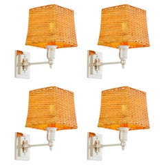 Set of Four Nickel Wall Lamp with Natural Rattan Shade