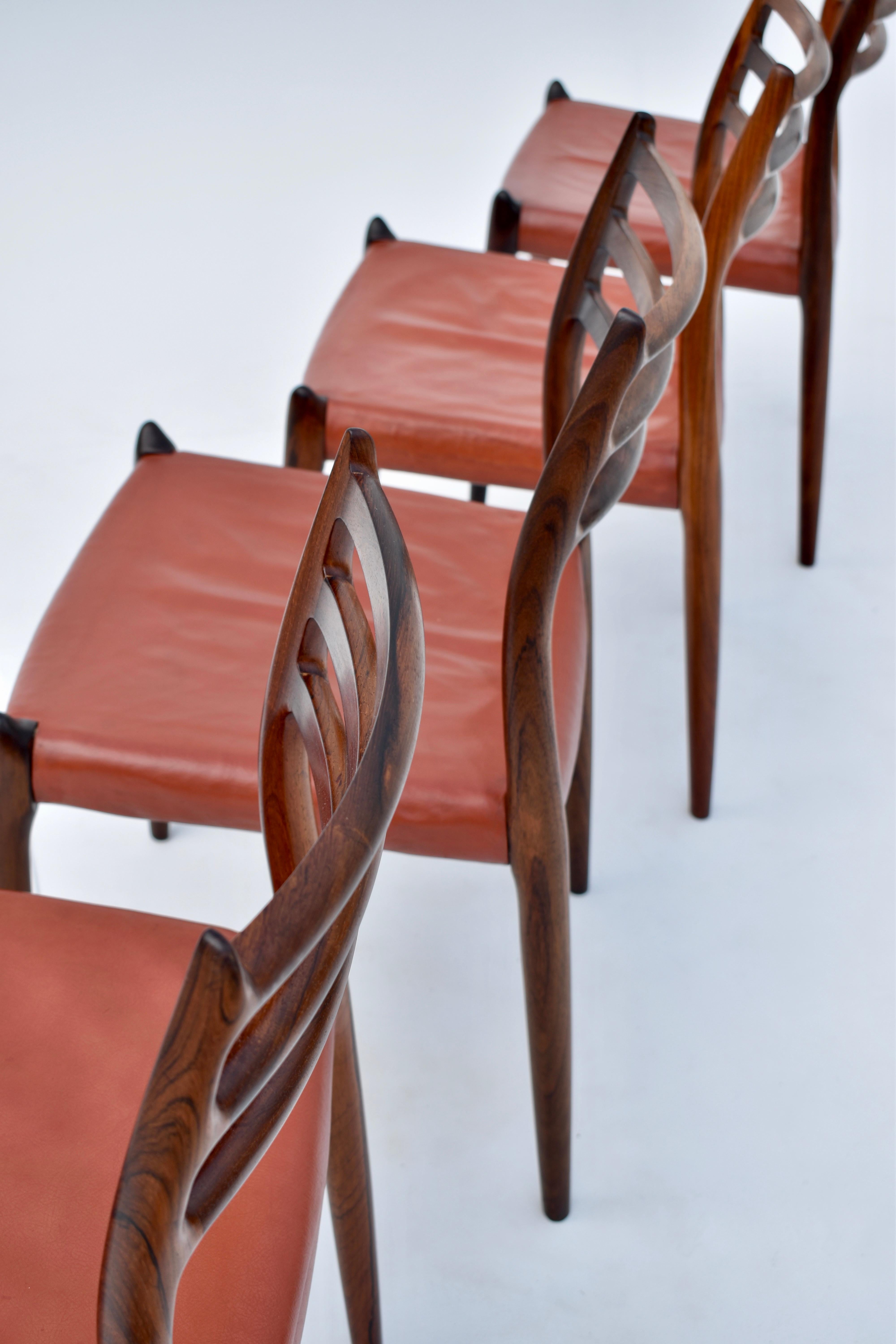 A superb set of four Brazilian rosewood chairs designed in 1962 by Niels Moller and produced by J.L Mollers Mobelfabrik.

Considered to be Niels Mollers finest work this design has rightly become a Danish design Classic.

This is an absolutely