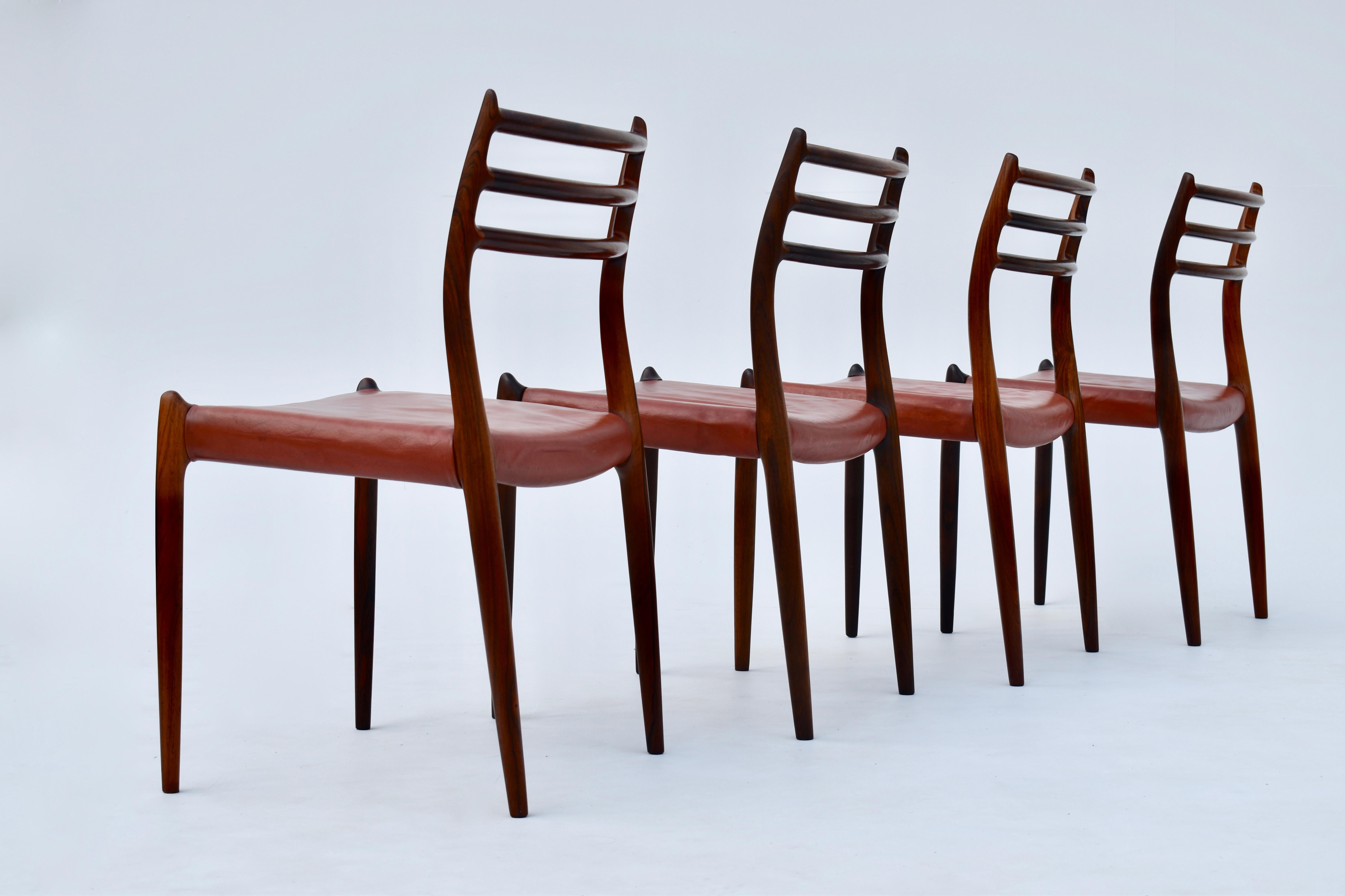 Scandinavian Modern Set of Four Niels Moller Model 78 Brazilian Rosewood Chairs, Original Leather
