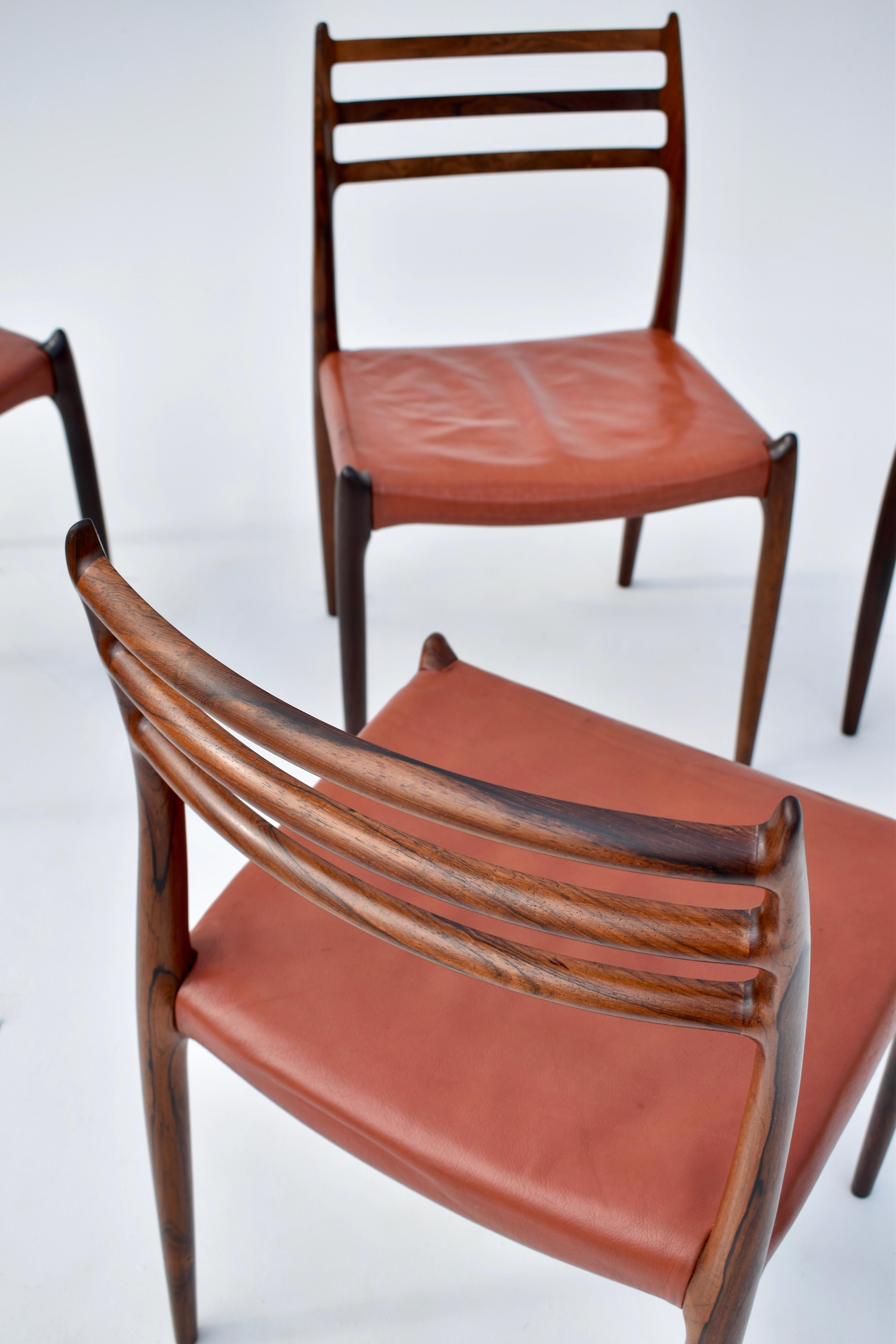 Danish Set of Four Niels Moller Model 78 Brazilian Rosewood Chairs, Original Leather