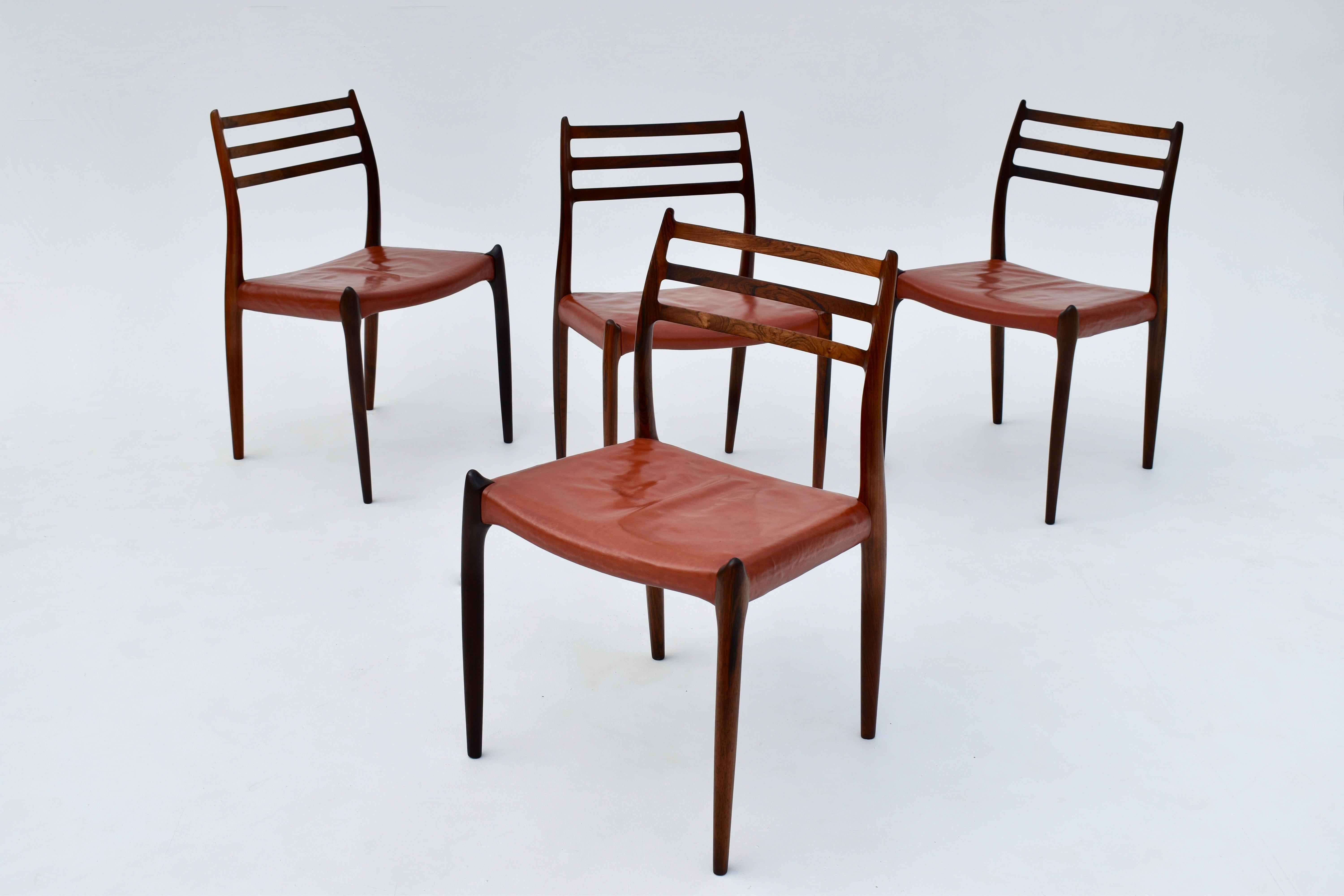 Mid-20th Century Set of Four Niels Moller Model 78 Brazilian Rosewood Chairs, Original Leather