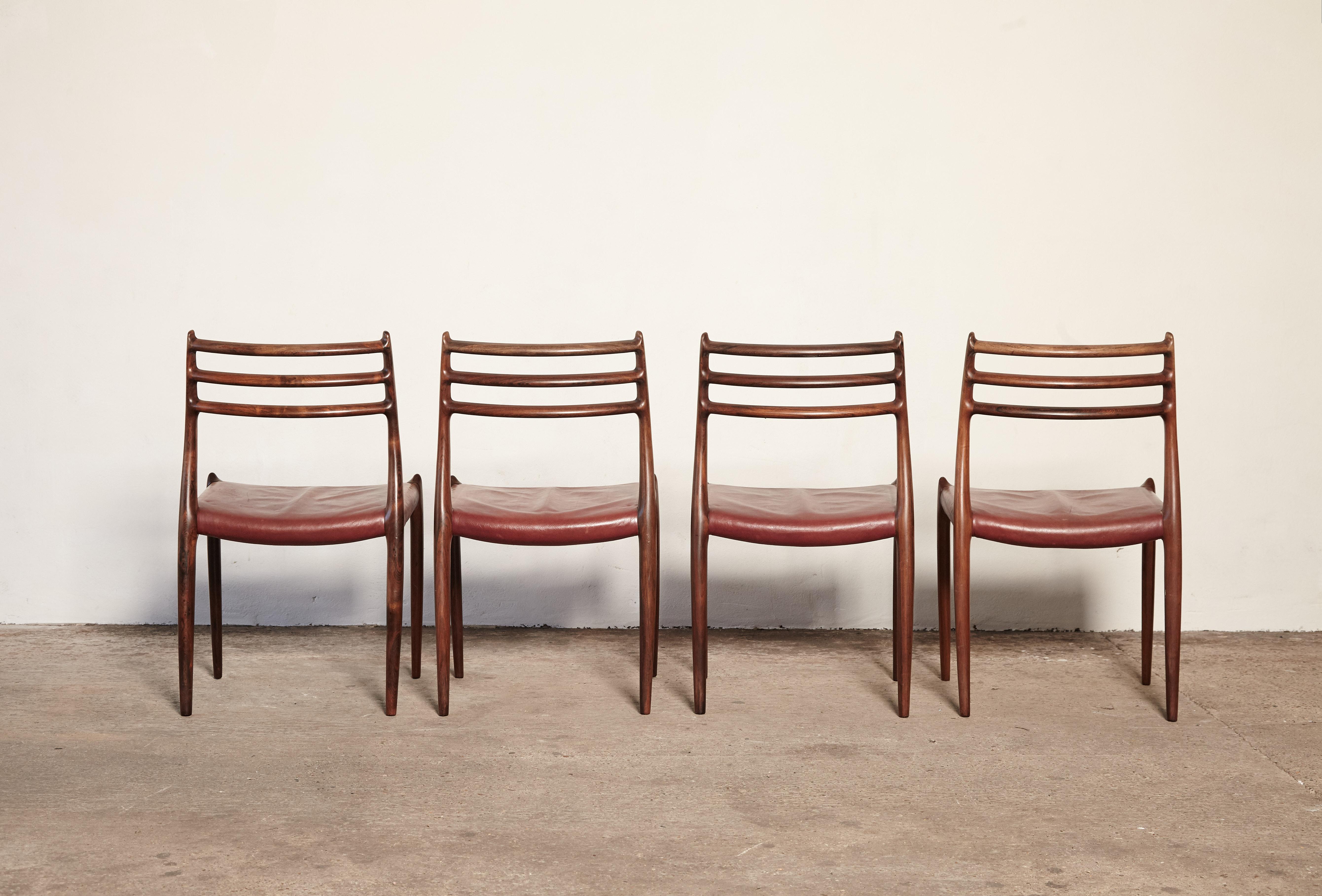 Leather Set of Four Niels O Møller Model 78 Rosewood Dining Chairs, Denmark, 1960s