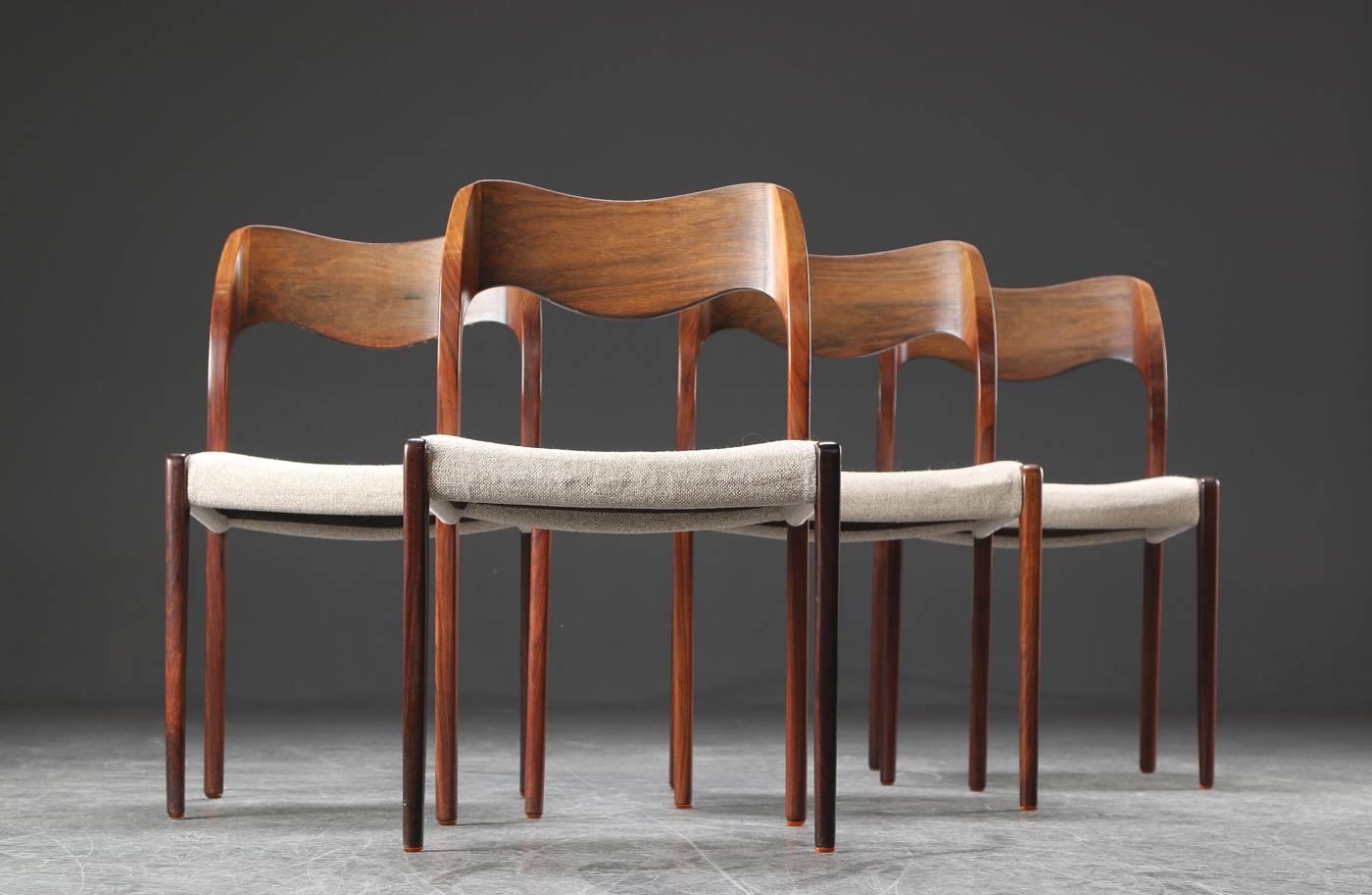 Dining chairs, designed 1951 by Niels Otto Møller and produced by J. L. Møller Møbelfabrik, model number 71.
Original condition, restoration or request possible.