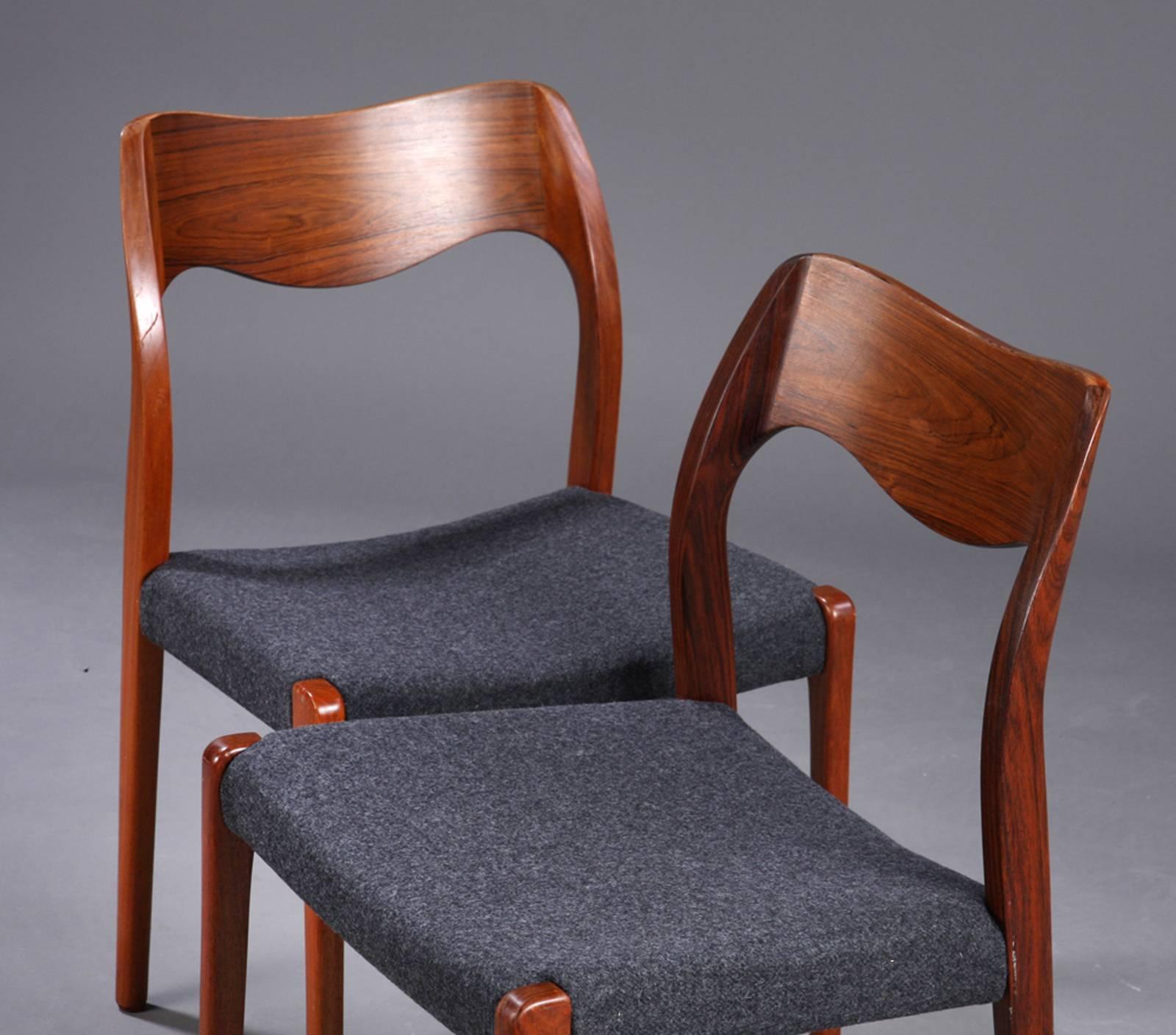 Dining chairs designed 1951 by Niels Otto Møller and produced by J. L. Møller Møbelfabrik, model number 71.
Original condition.