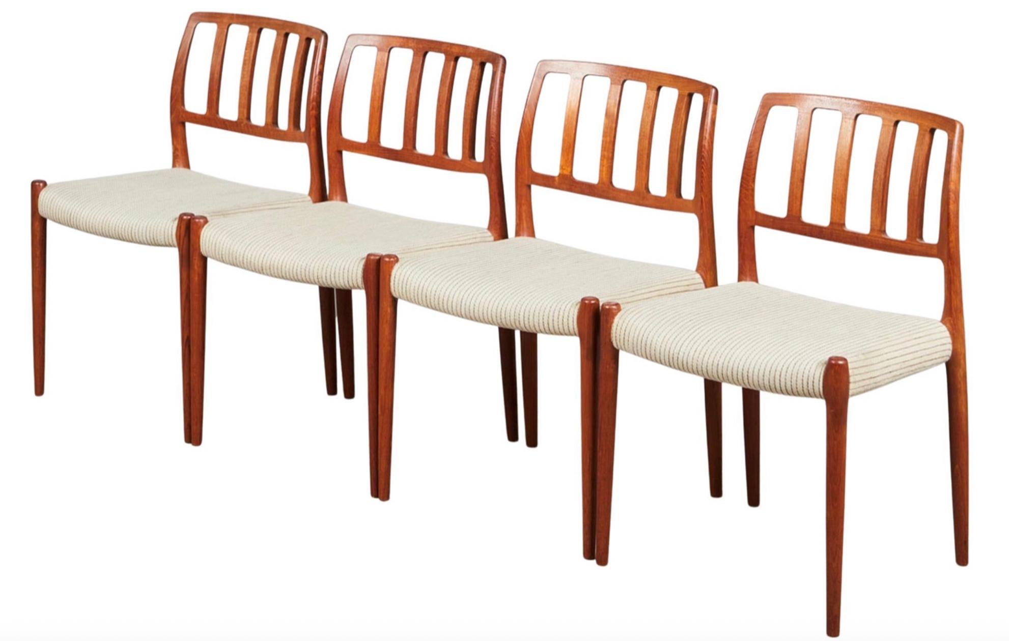 Set of four of the iconic dining chairs by Danish designer Niels Otto Møller.

Made by J.P. Møller.

Model No 83.

Teak. Upholstered very durable wool.

Excellent condition.

Additional info: The world famous Danish restaurant NOMA has the Niels O.