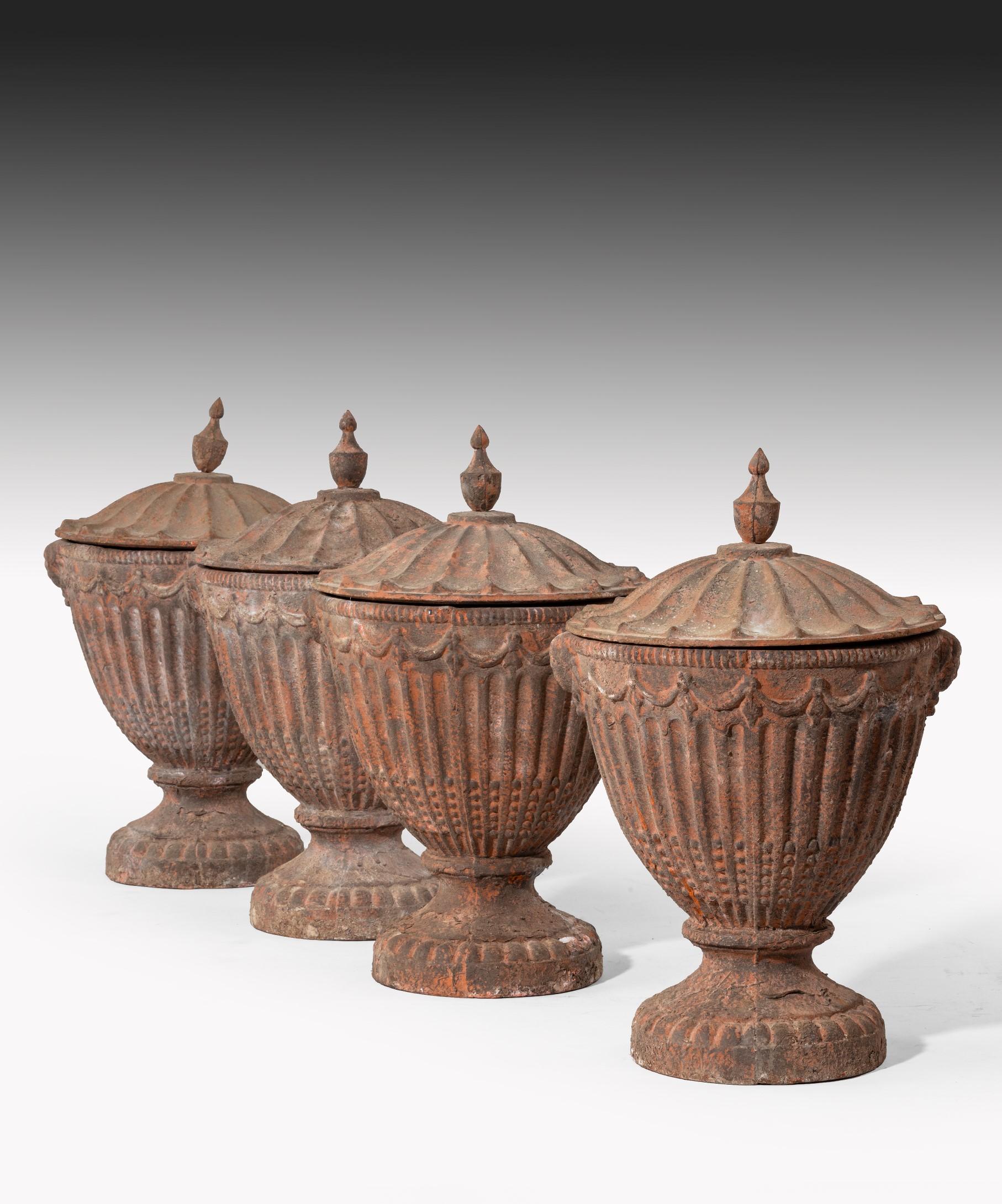 Adam Style Set of Four 19th Century Neoclassical Cast Iron Garden Urns