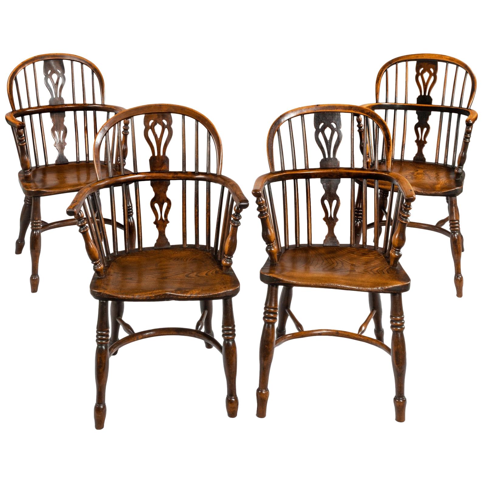 Set of Four 19th Century Yewwood and Elm Windsor Armchairs