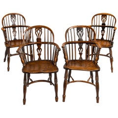 Antique Set of Four 19th Century Yewwood and Elm Windsor Armchairs