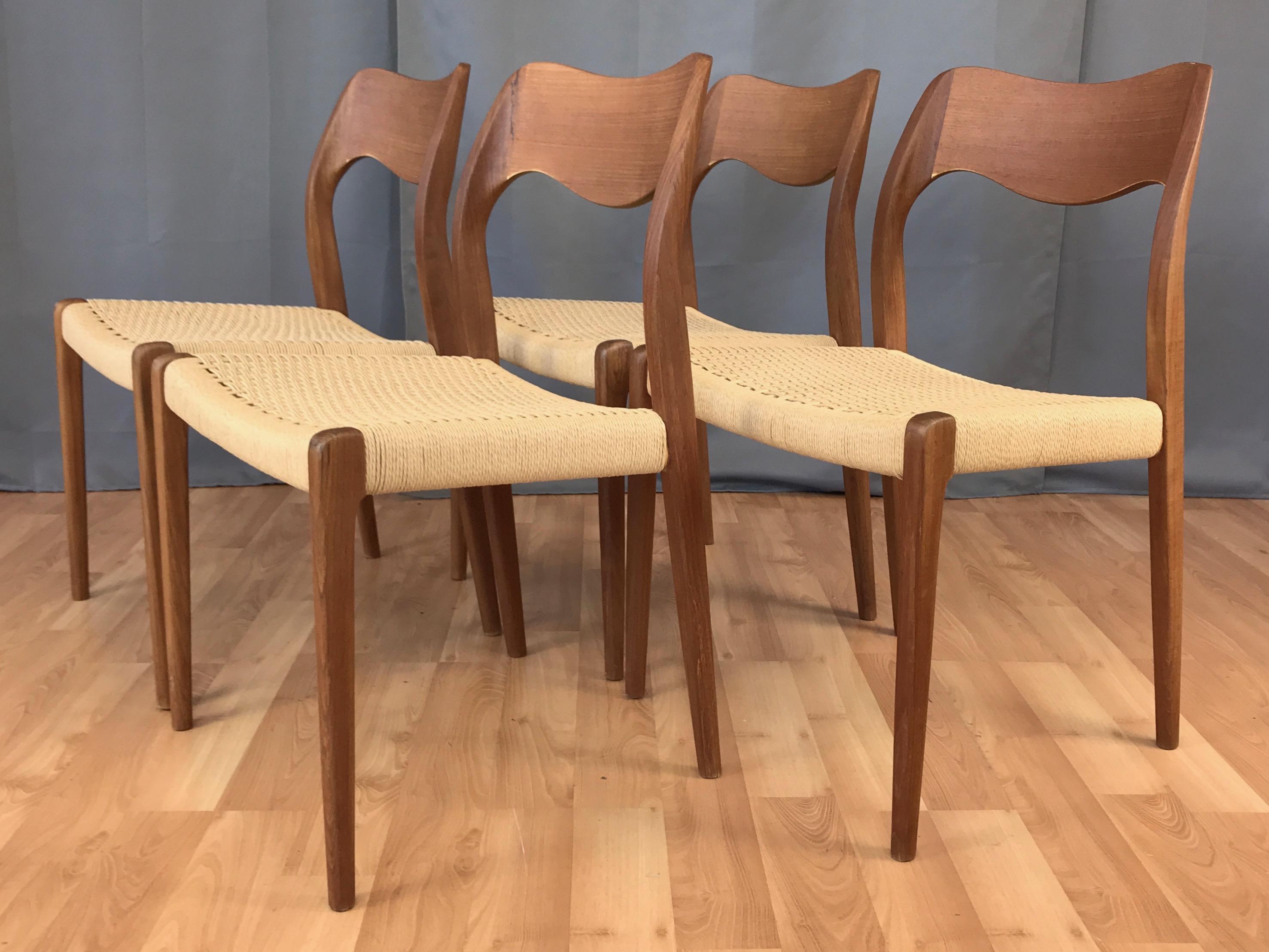 Scandinavian Modern Set of Four N.O. Møller for J.L. Møllers Model 71 Teak & Papercord Dining Chairs