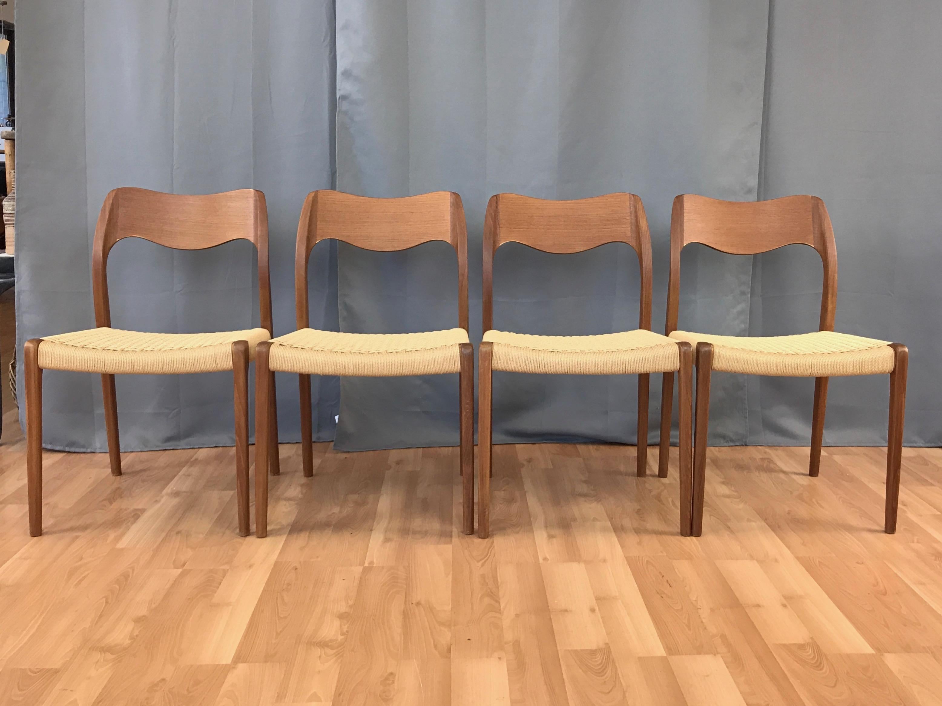 Danish Set of Four N.O. Møller for J.L. Møllers Model 71 Teak & Papercord Dining Chairs