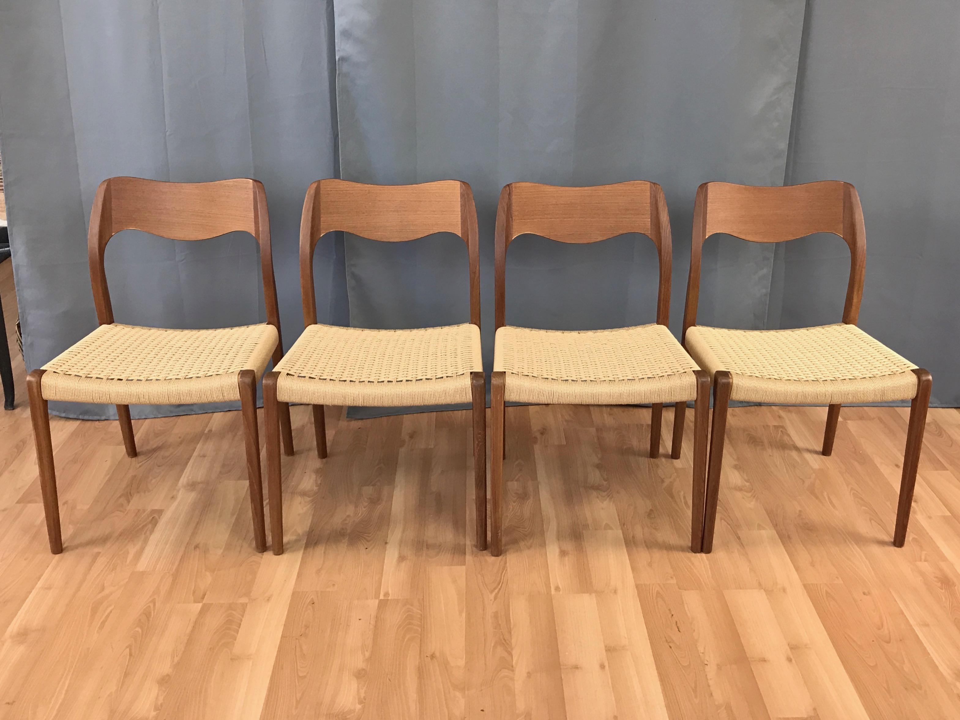 Set of Four N.O. Møller for J.L. Møllers Model 71 Teak & Papercord Dining Chairs In Good Condition In San Francisco, CA