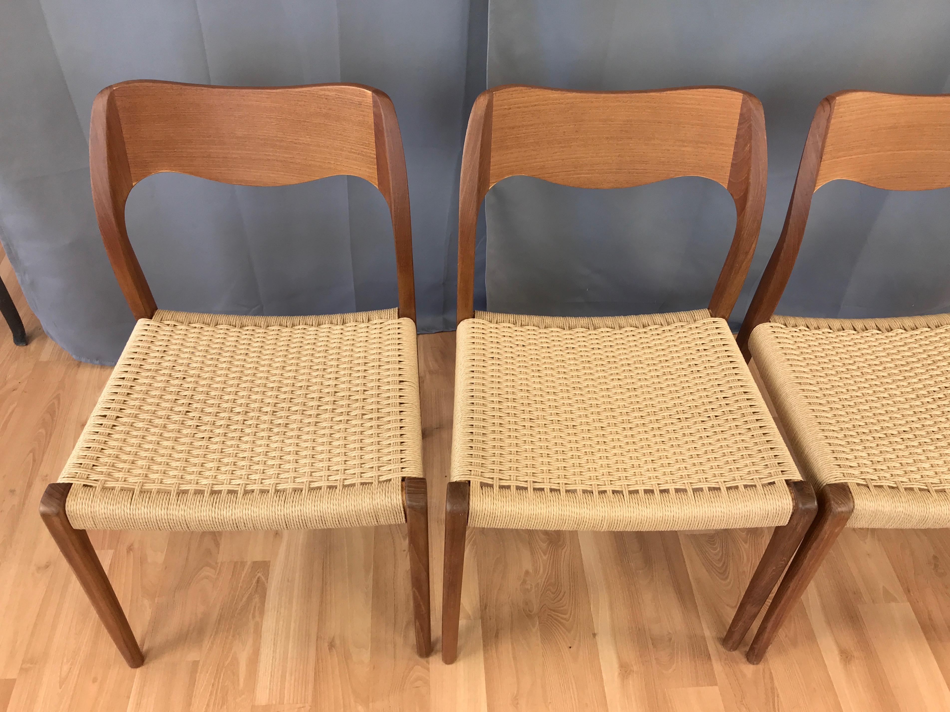 Mid-20th Century Set of Four N.O. Møller for J.L. Møllers Model 71 Teak & Papercord Dining Chairs