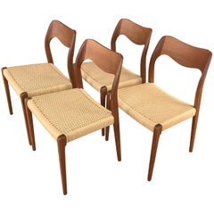 Set of Four N.O. Møller for J.L. Møllers Model 71 Teak & Papercord Dining Chairs