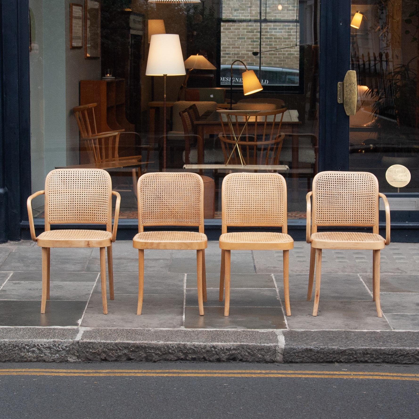 A set of 4 birch model 811 chairs designed in the mid- to late-1920s. The chairs feature handwoven cane seats and backs which provide comfort and give lightness to the design. The No.811 is attributed to Austrian architects Josef Hoffman and Josef