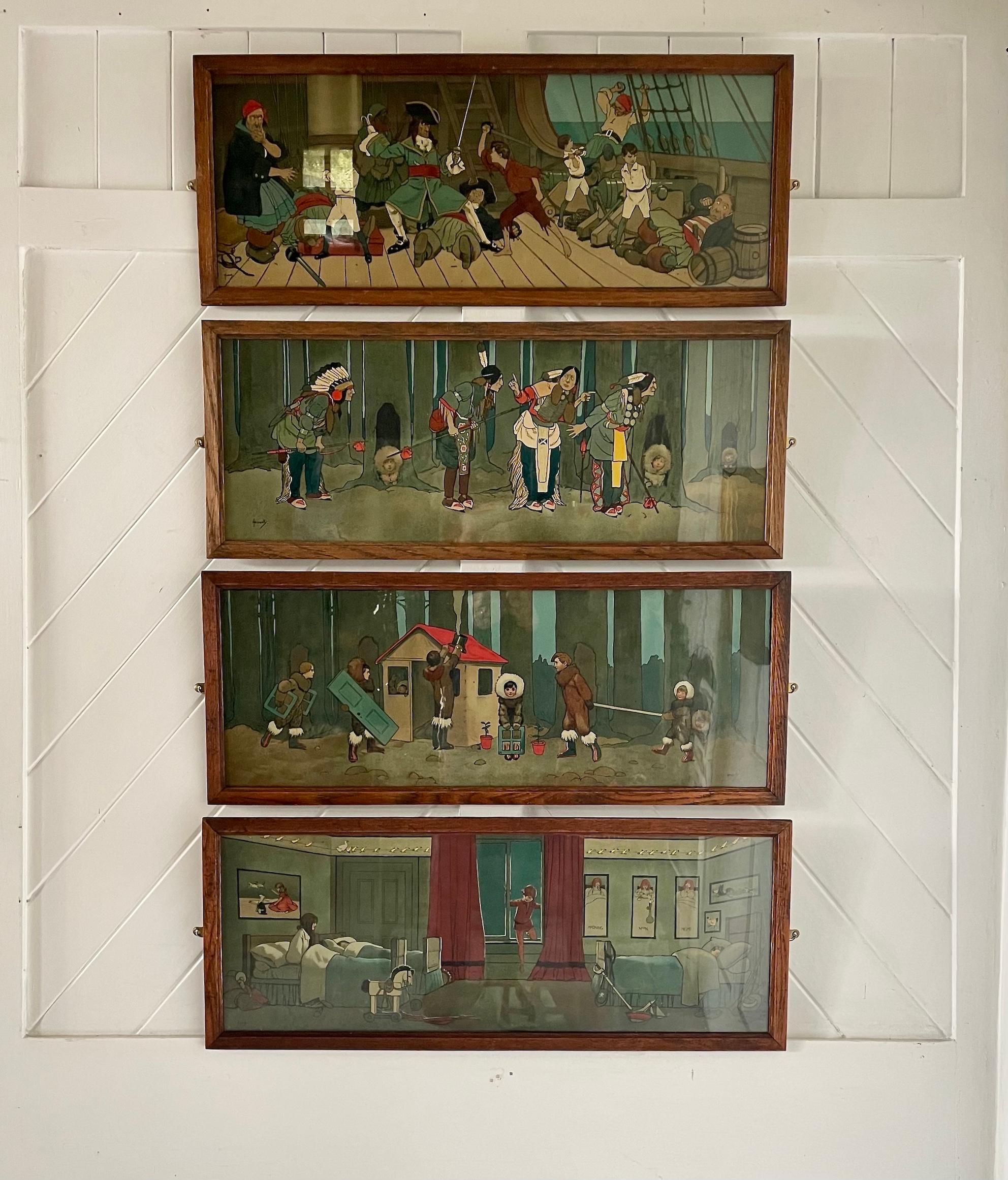Set of four nursery prints for Liberty & Co. 

Peter Pan by John Hassall 

Original oak frames 

Circa 1907

“The Defeat of The Pirates”

“Approach of The Indians”

“ The Building of The House”

“ The Arrival Of Peter Pan”

These prints were sold