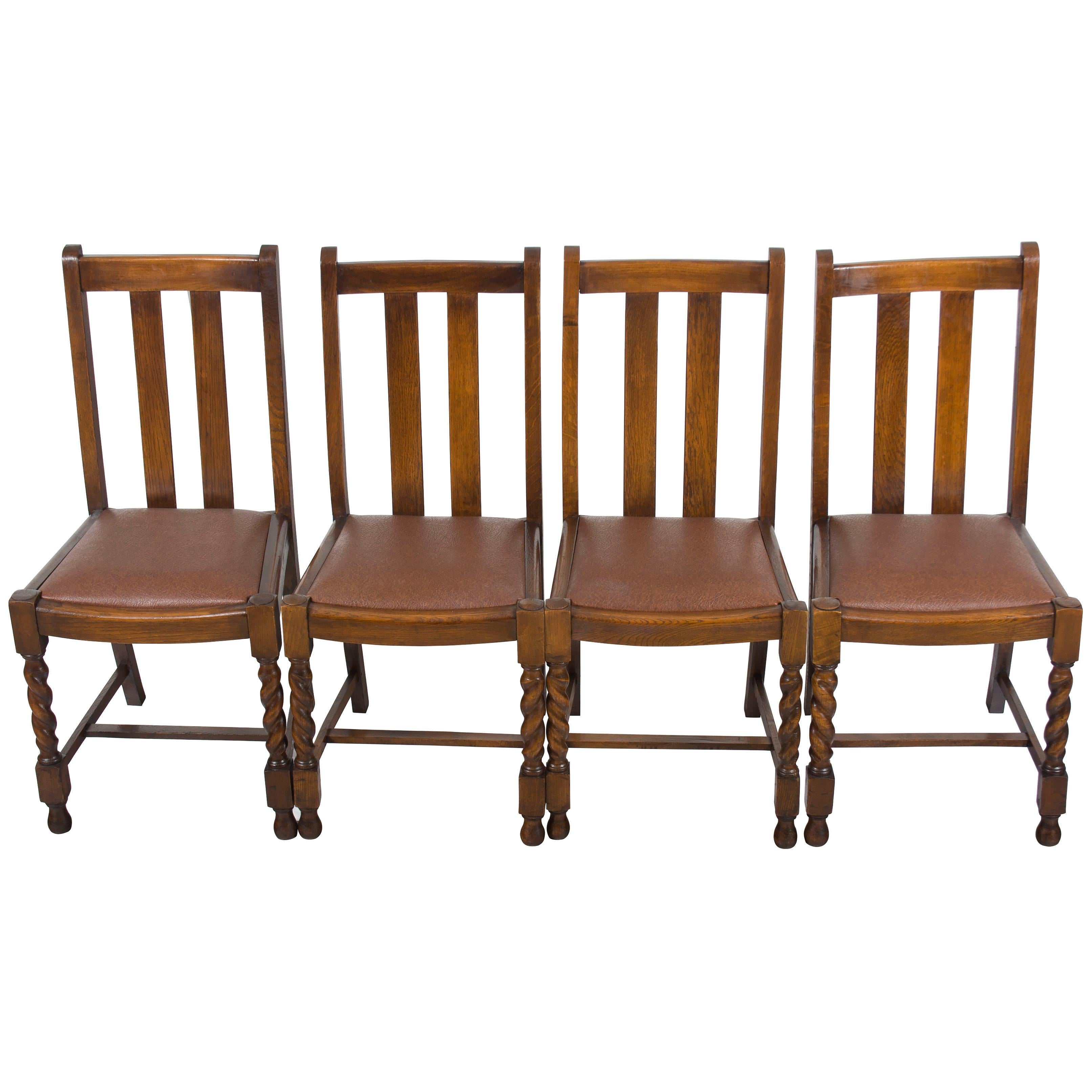 Set of Four Oak Barley Twist Dining Room Kitchen or Game Chairs w Leather Seats For Sale