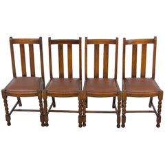 Set of Four Oak Barley Twist Dining Room Kitchen or Game Chairs w Leather Seats