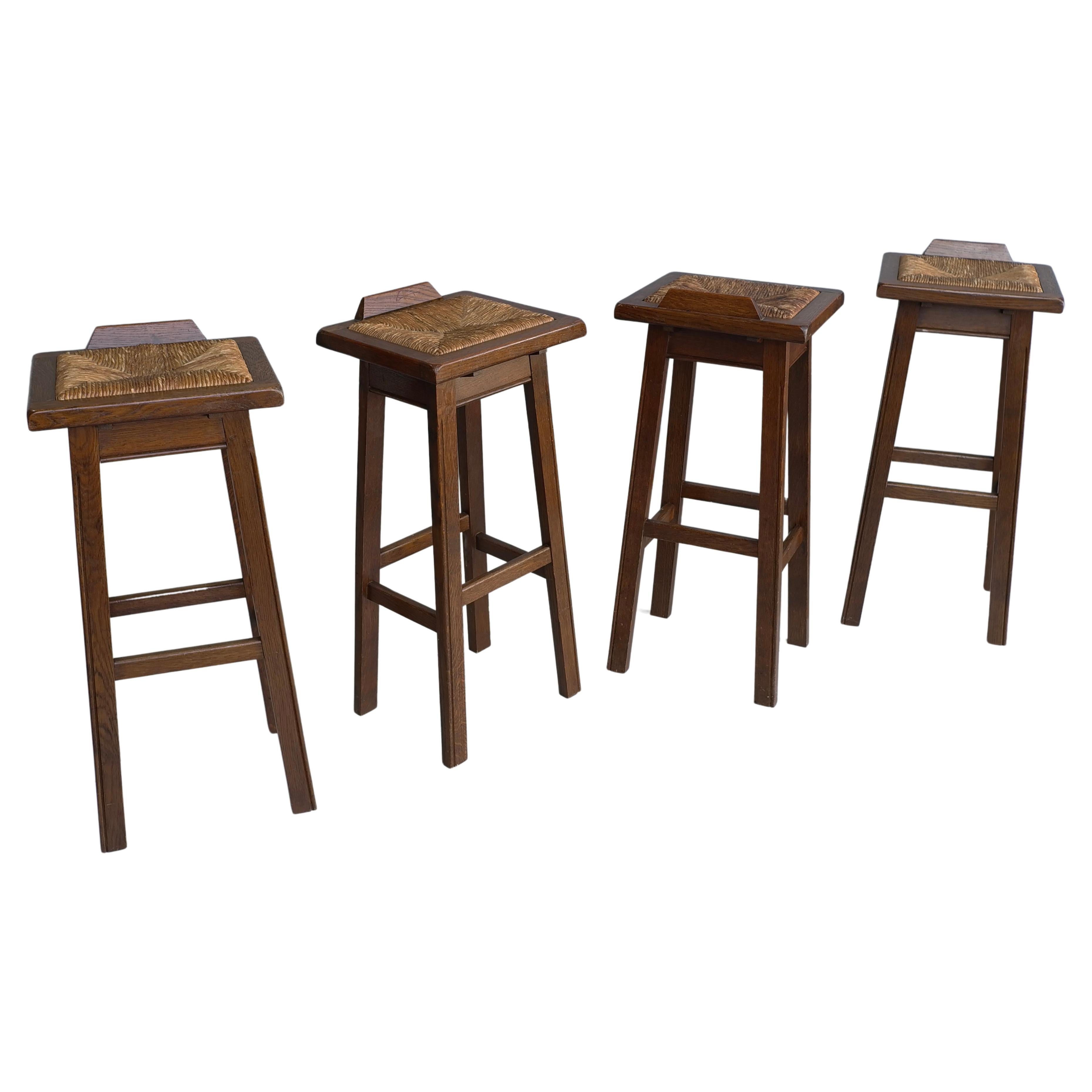 Set of Four Oak Barstools with Rush Seats in Style of George Nakashima