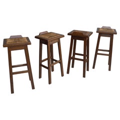 Set of Four Oak Barstools with Rush Seats in Style of George Nakashima