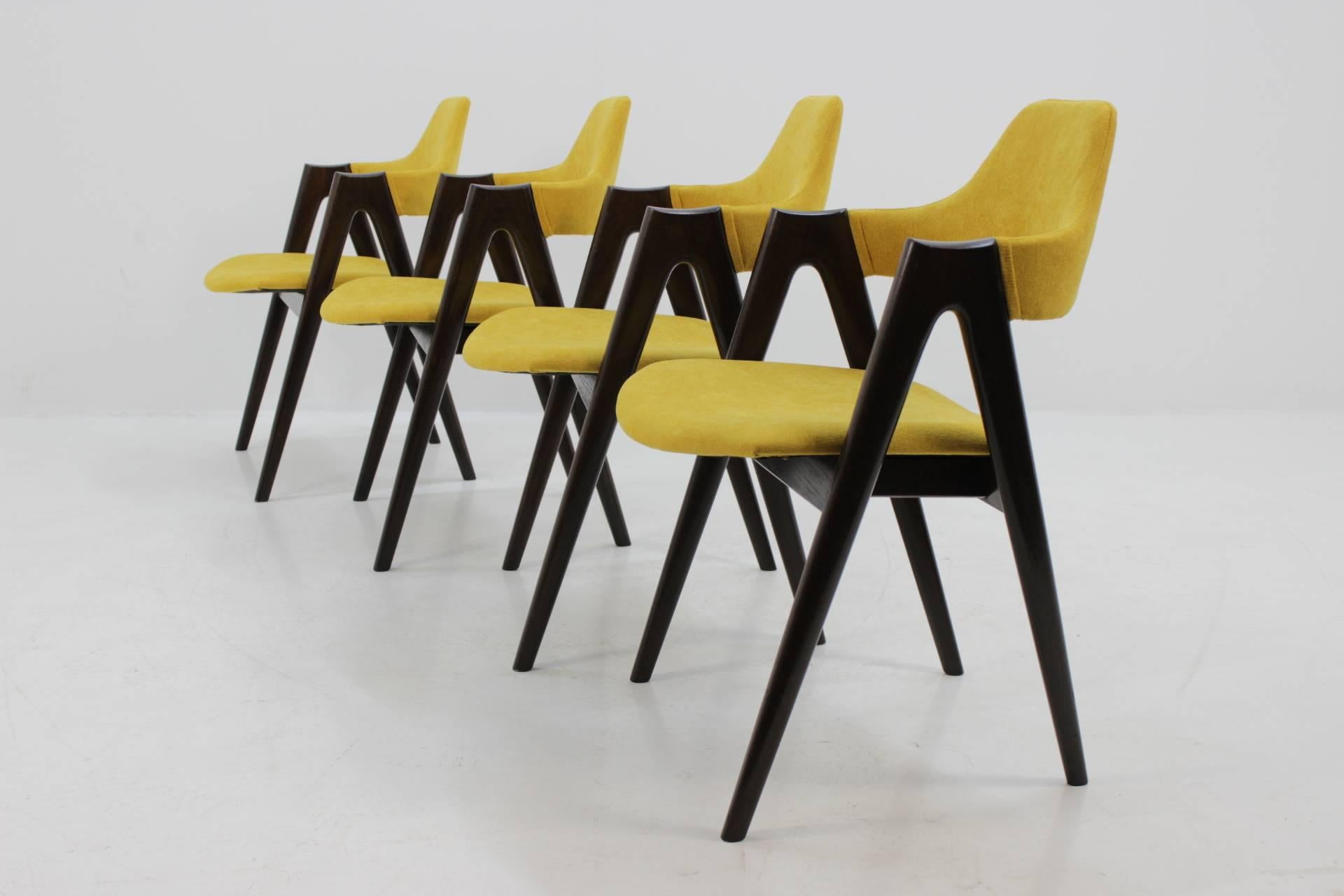 Frame of each one is made from stained solid oak. Newly upholstered. Carefully refurbished.