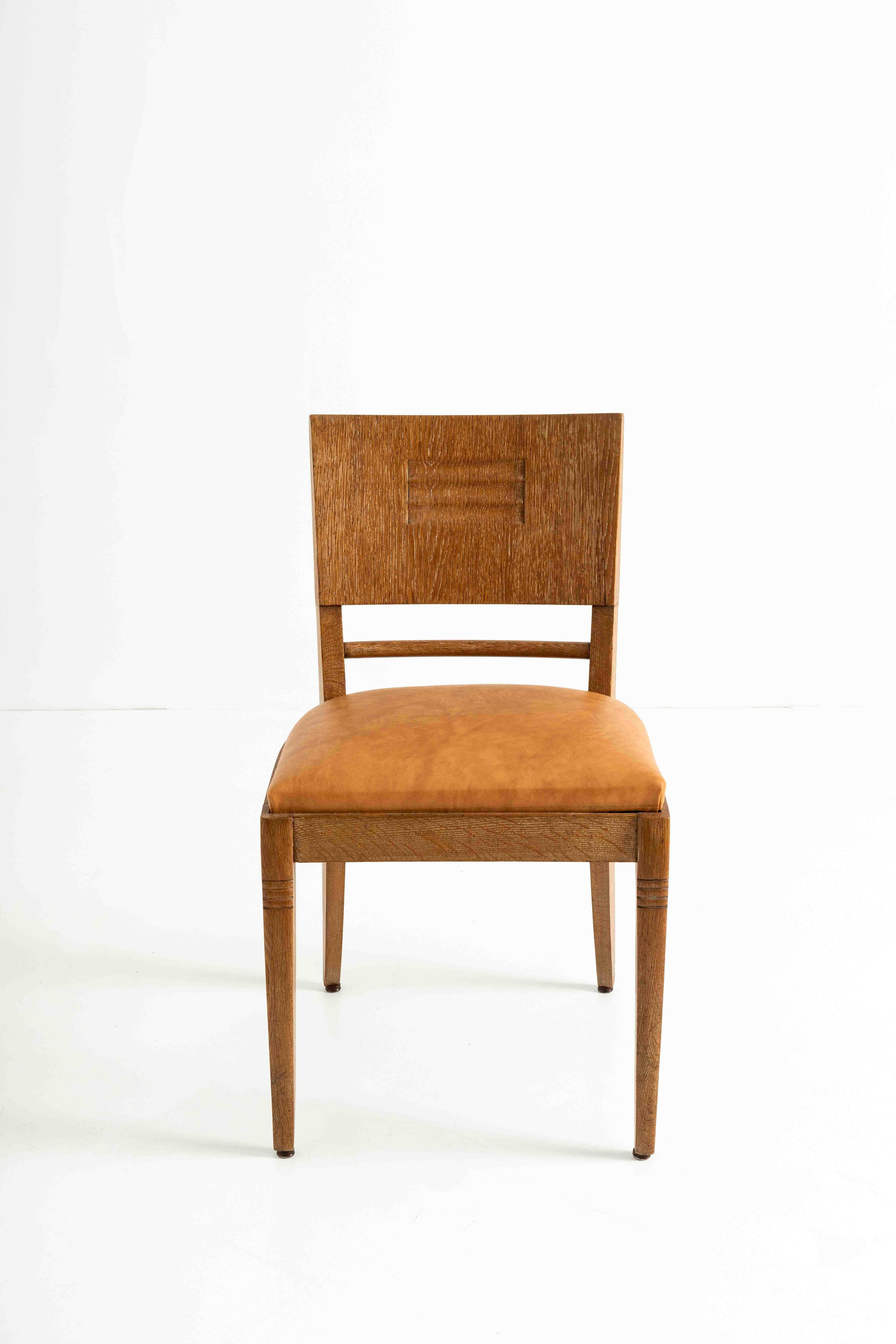 Set of Four Oak Dining Chairs in the Style of Guillerme et Chambron, France In Fair Condition For Sale In Hellouw, NL