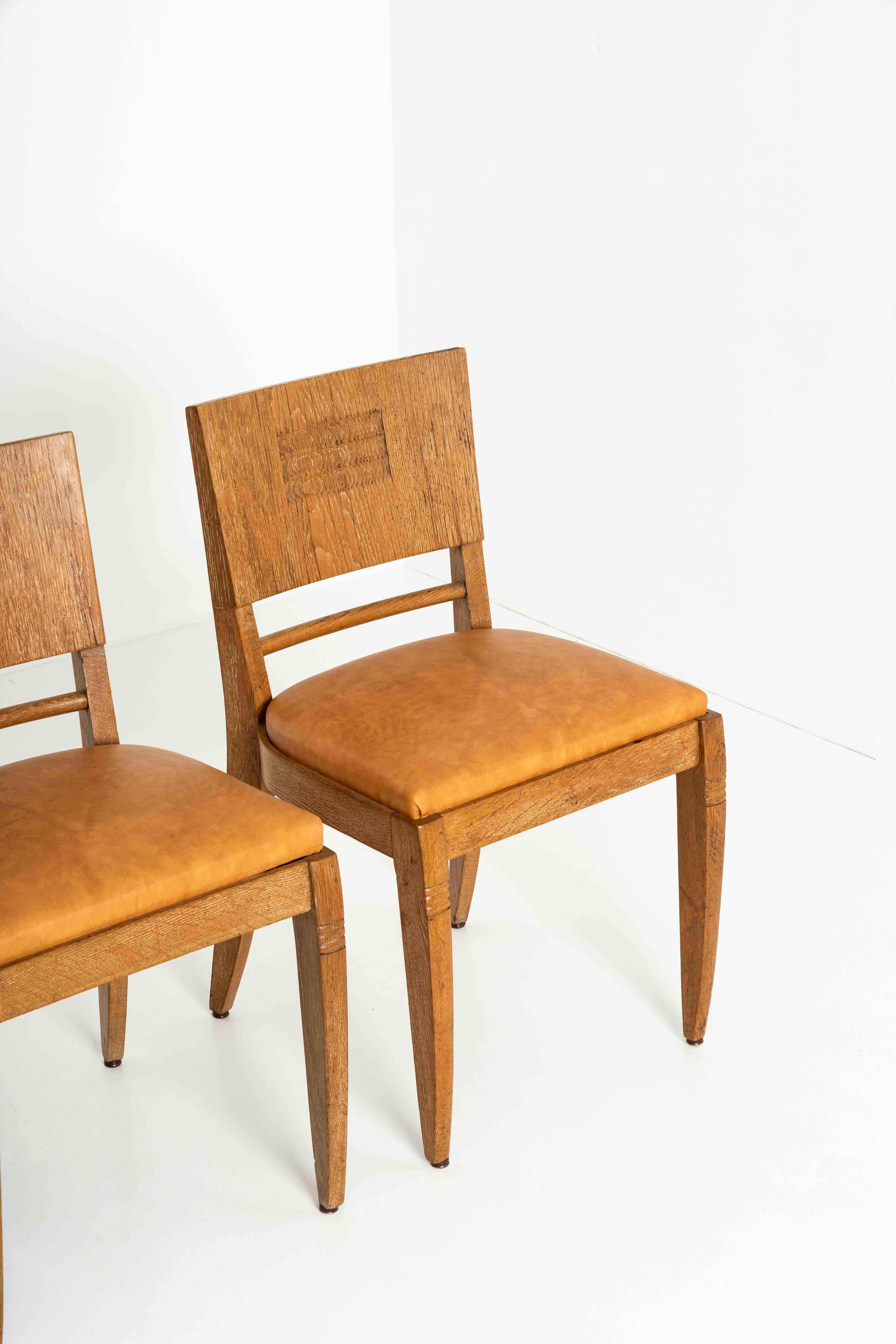 Leather Set of Four Oak Dining Chairs in the Style of Guillerme et Chambron, France For Sale
