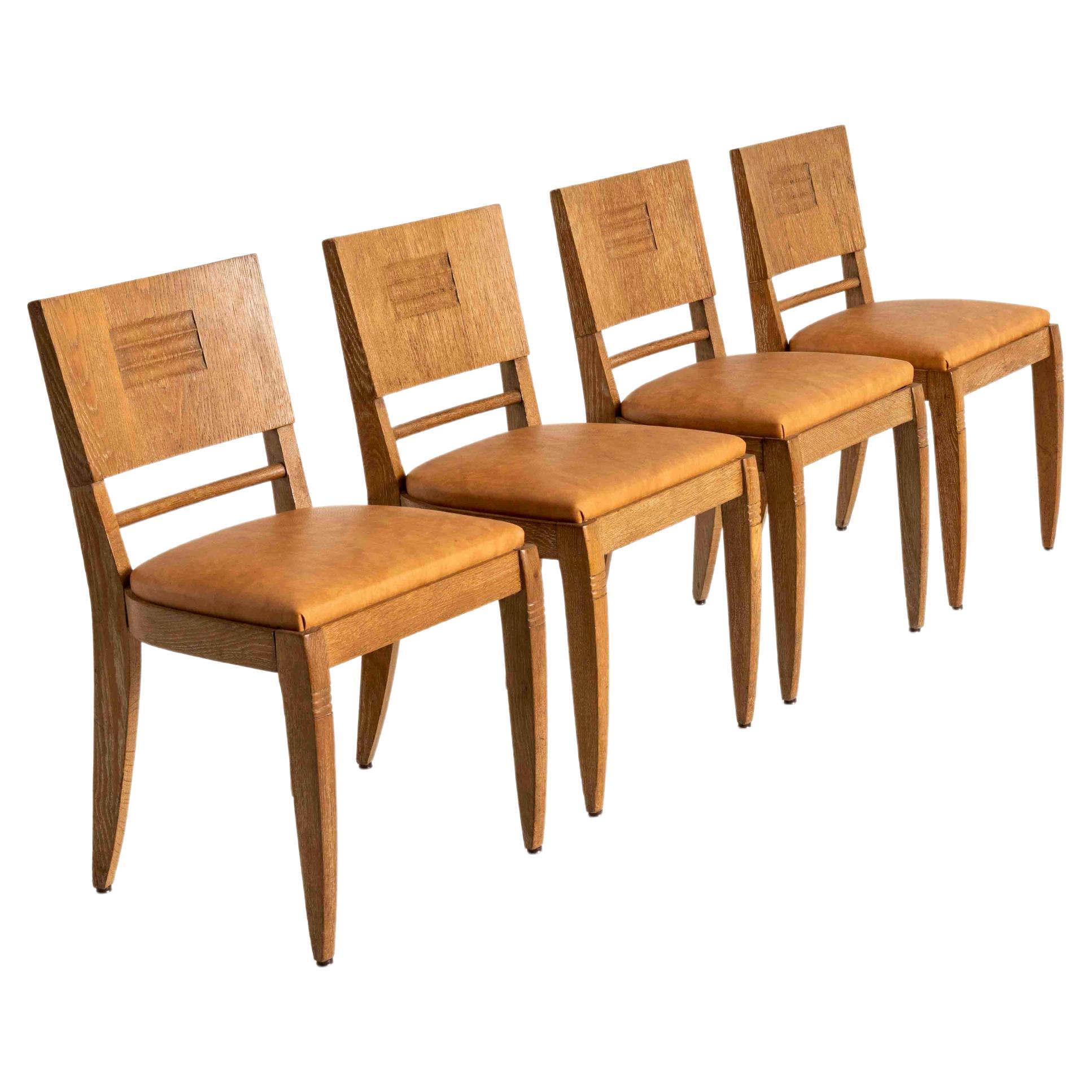 Set of Four Oak Dining Chairs in the Style of Guillerme et Chambron, France