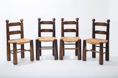 Set of Four Oak Dining Chairs with Rush Seats, Charles Dudouyt