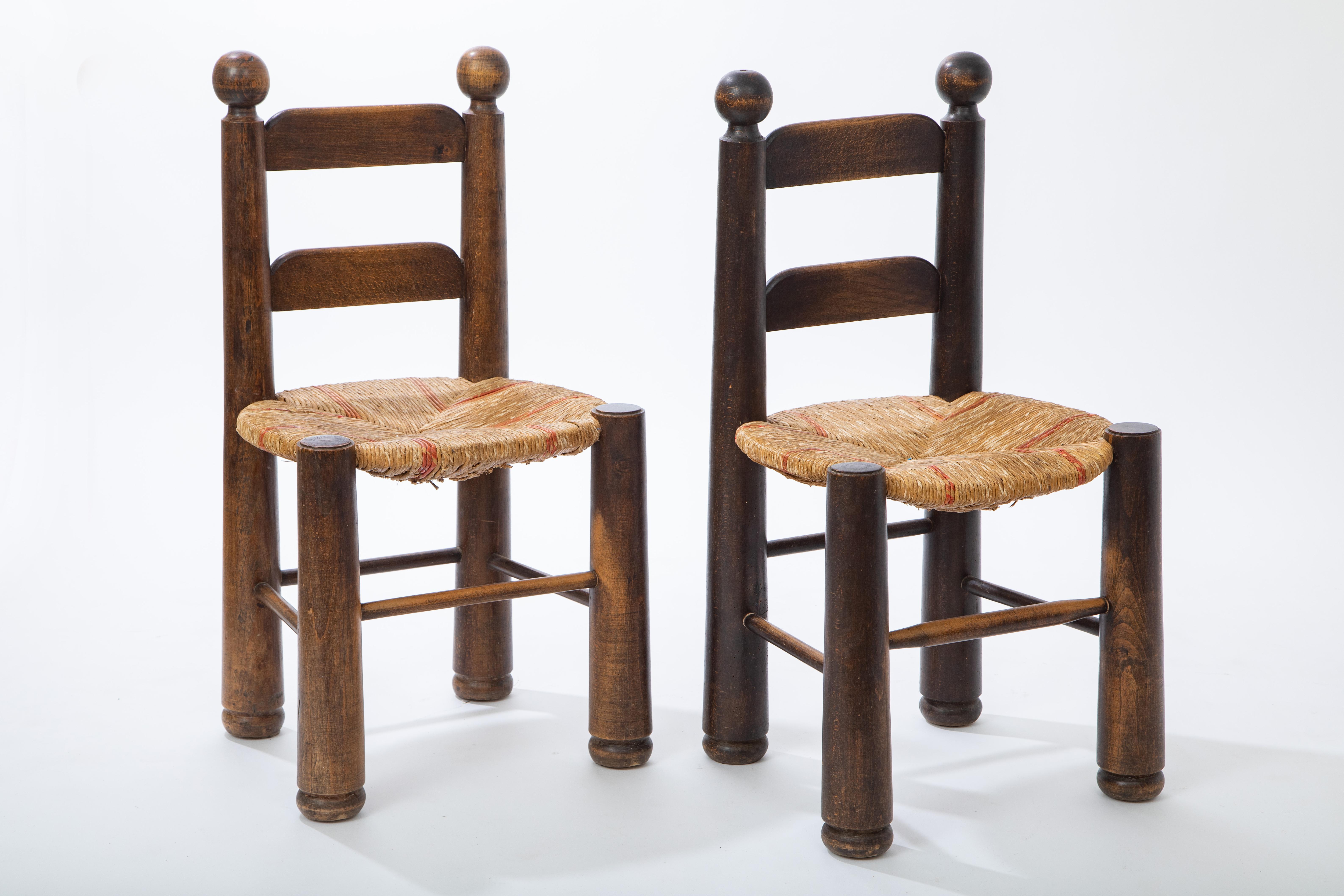 Organic Modern Set of Four Oak Dining Chairs with Rush Seats, Charles Dudouyt