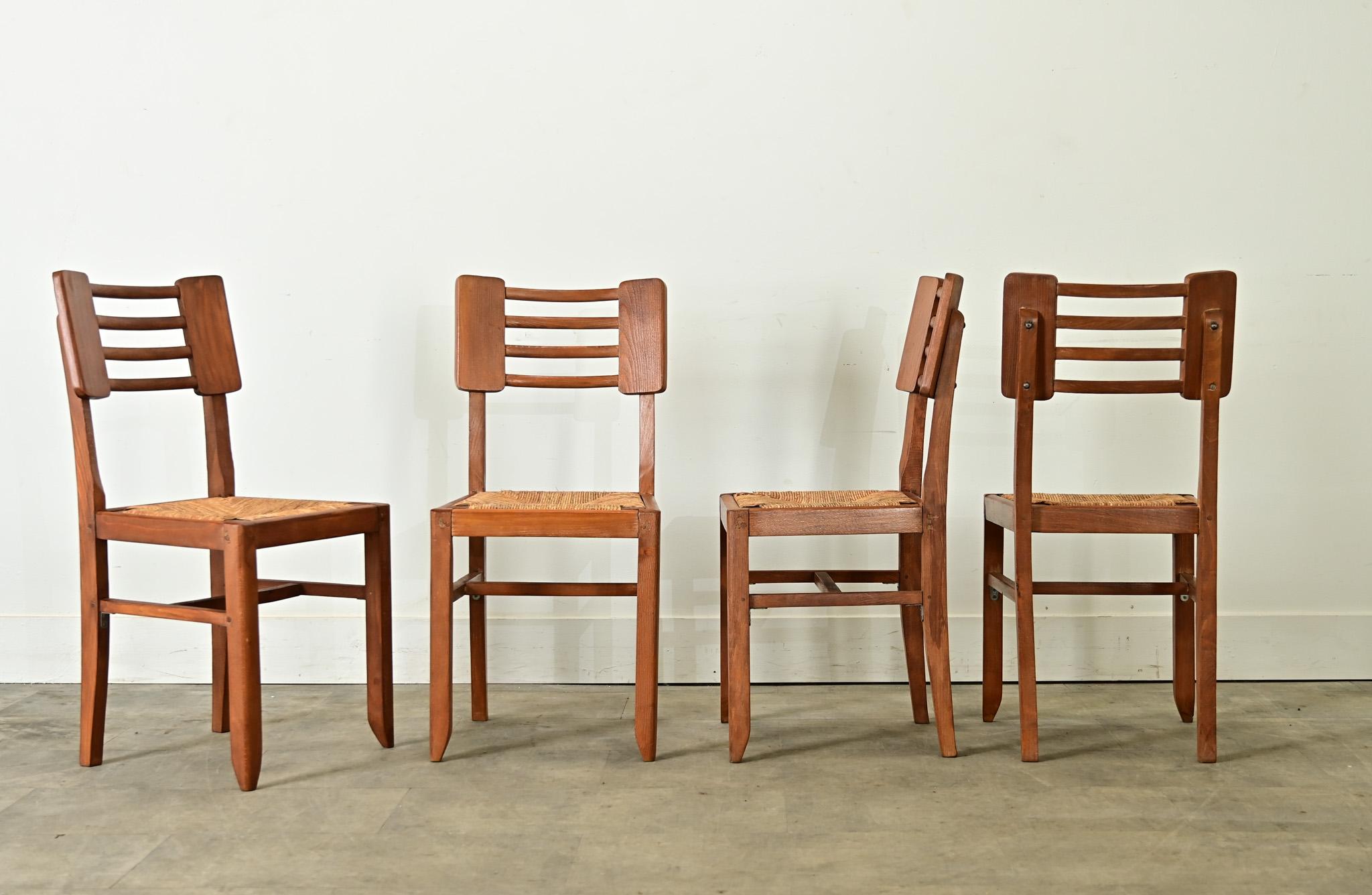 Set of Four Oak & Rush Seat Chairs by Cruege 3