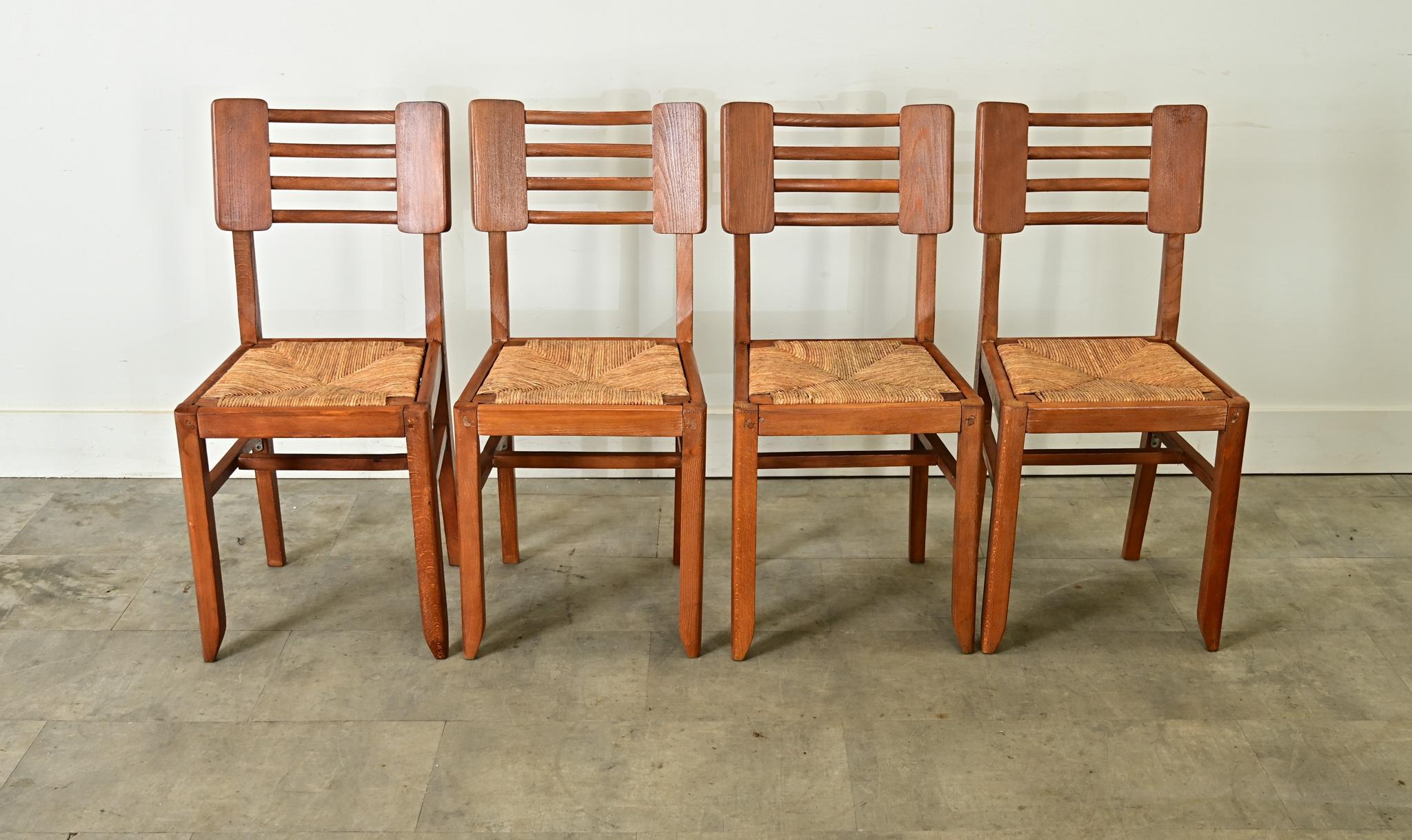 Set of Four Oak & Rush Seat Chairs by Cruege 4