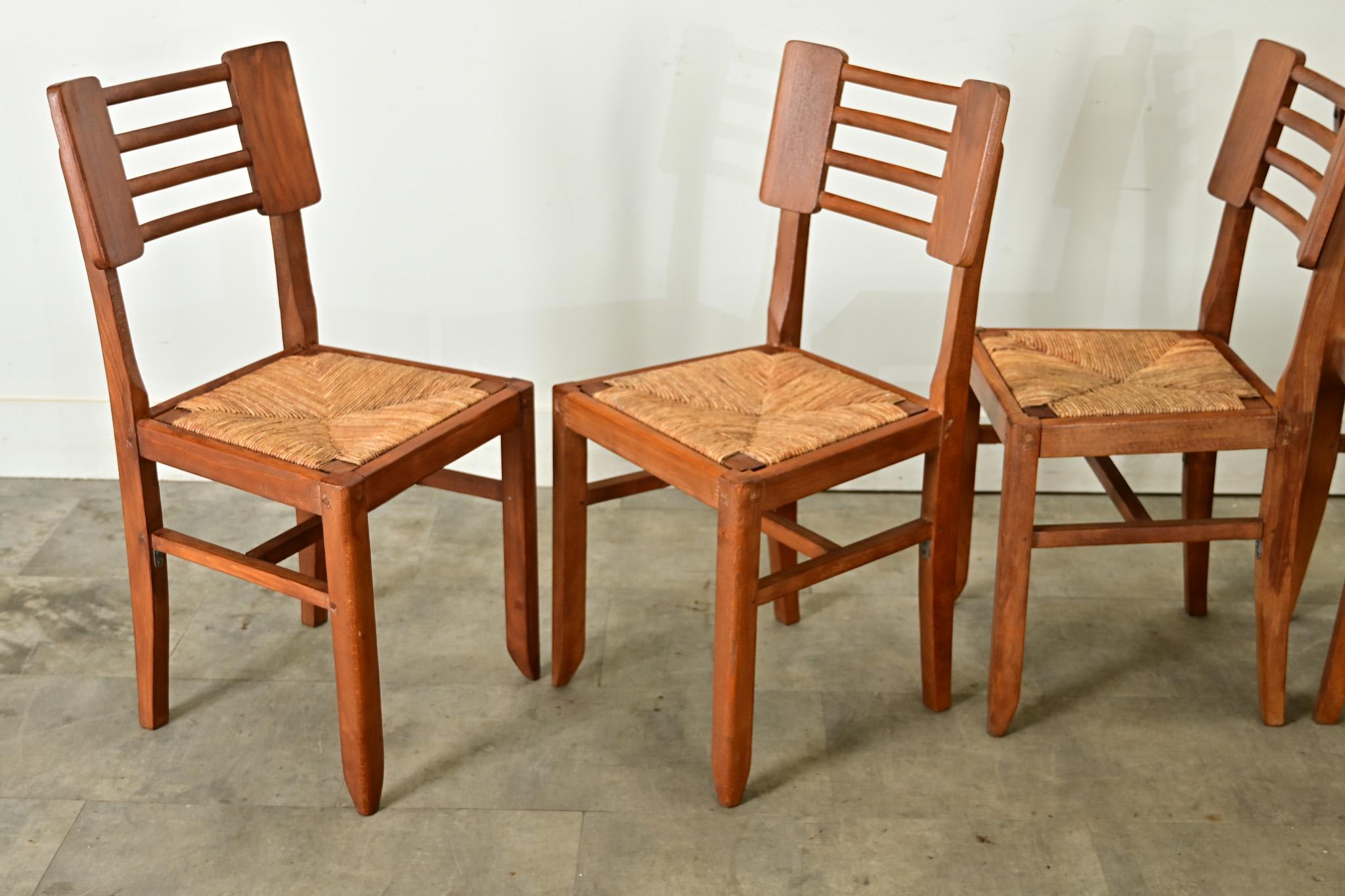 Set of Four Oak & Rush Seat Chairs by Cruege 7