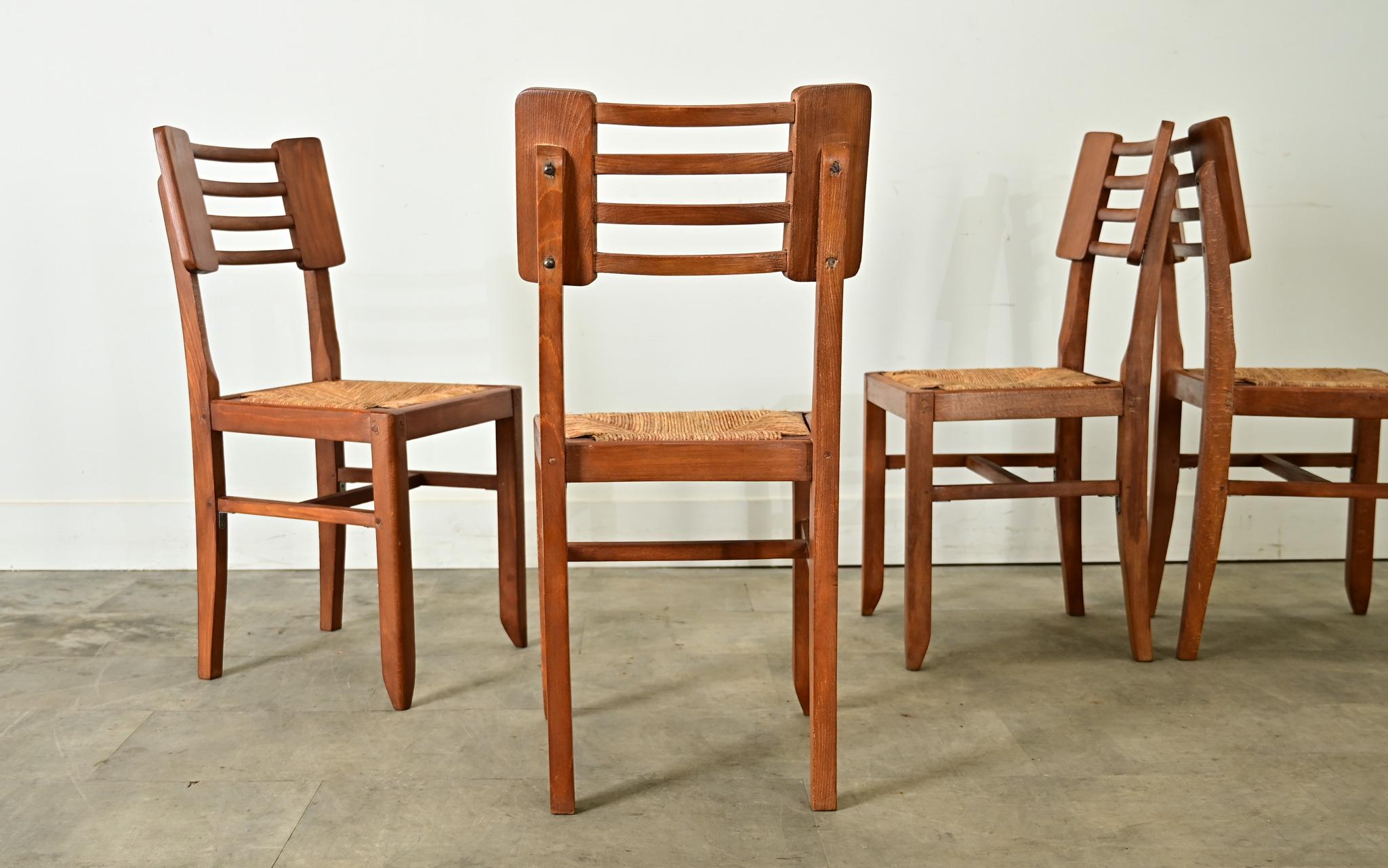 Set of Four Oak & Rush Seat Chairs by Cruege 10