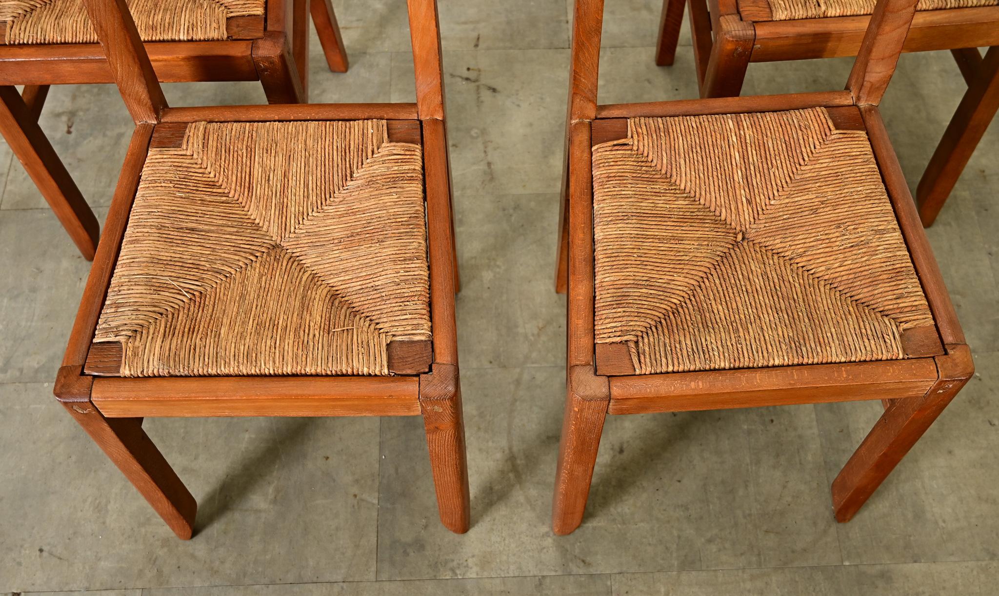 Woven Set of Four Oak & Rush Seat Chairs by Cruege