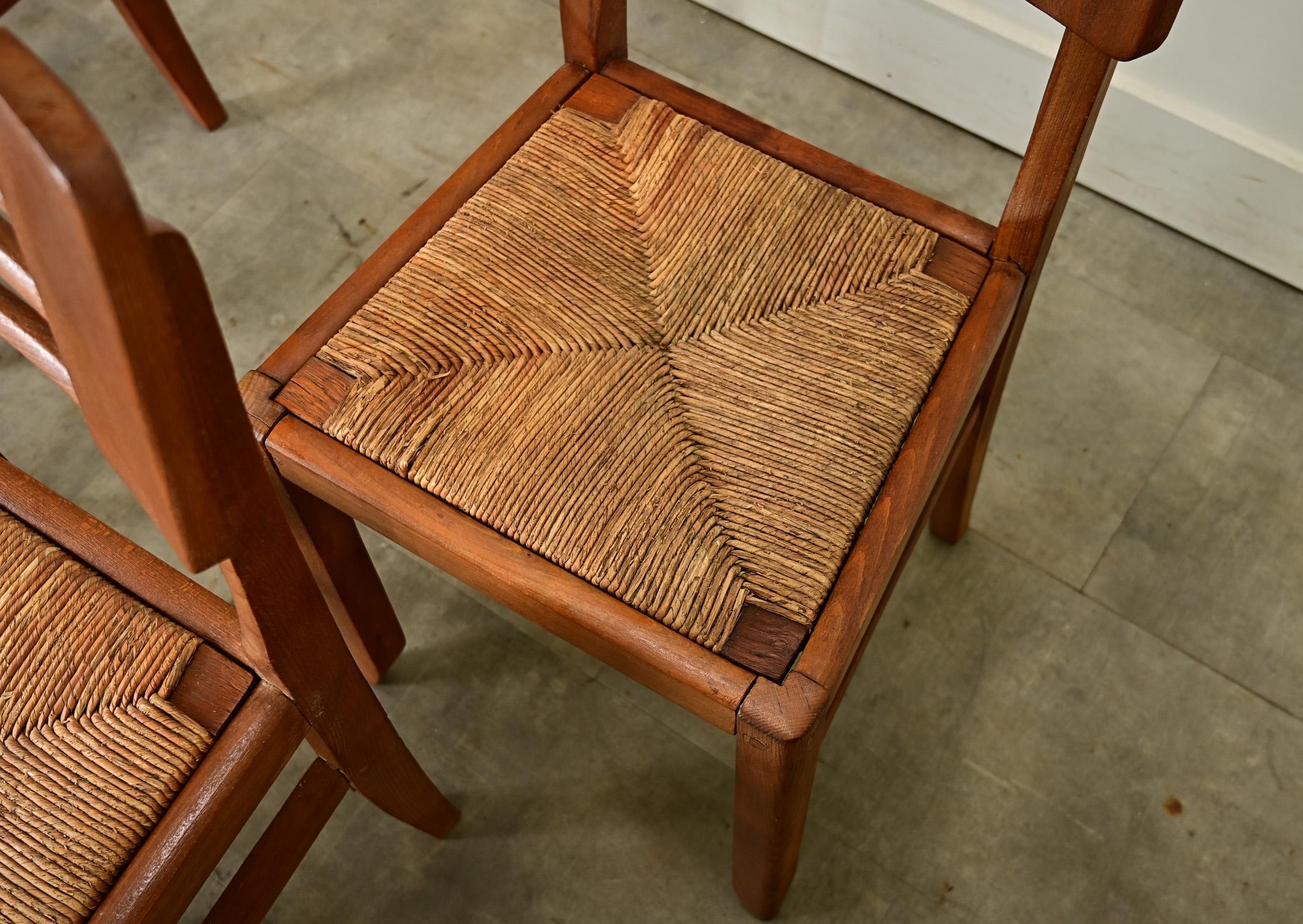 Set of Four Oak & Rush Seat Chairs by Cruege 1