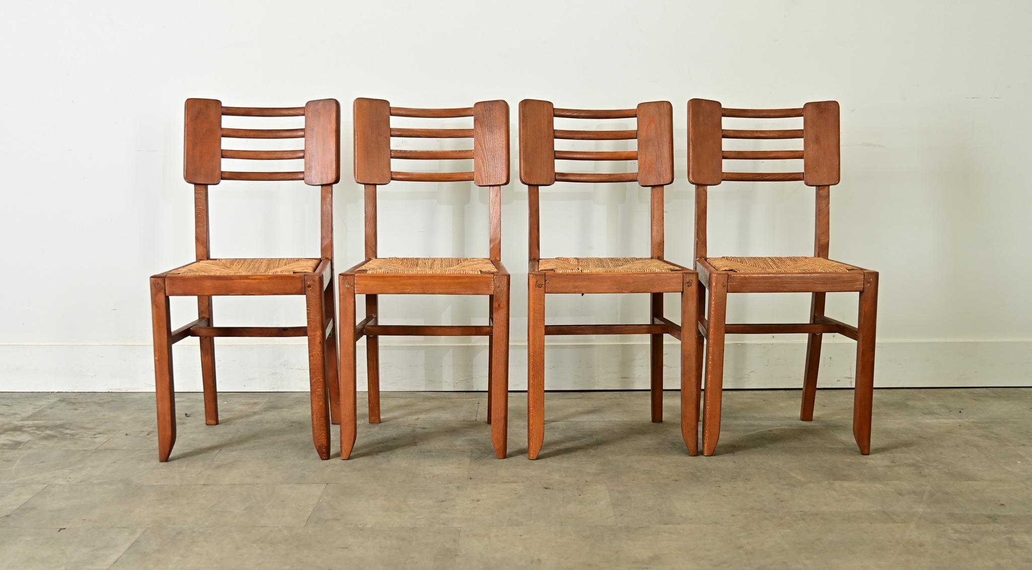 Set of Four Oak & Rush Seat Chairs by Cruege 2