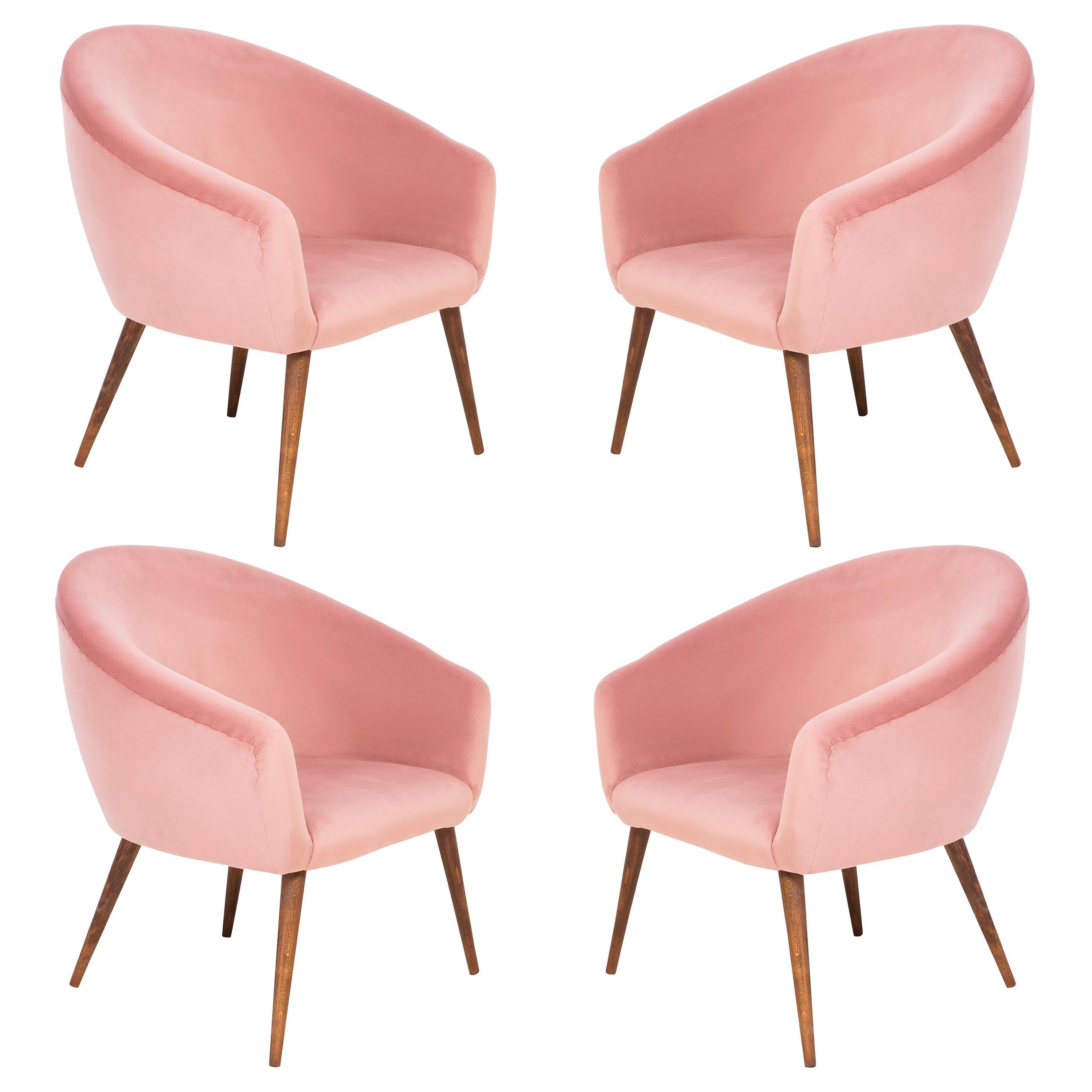 Set of Four of 20th Century Pink Velvet Shell Club Armchairs, 1960s