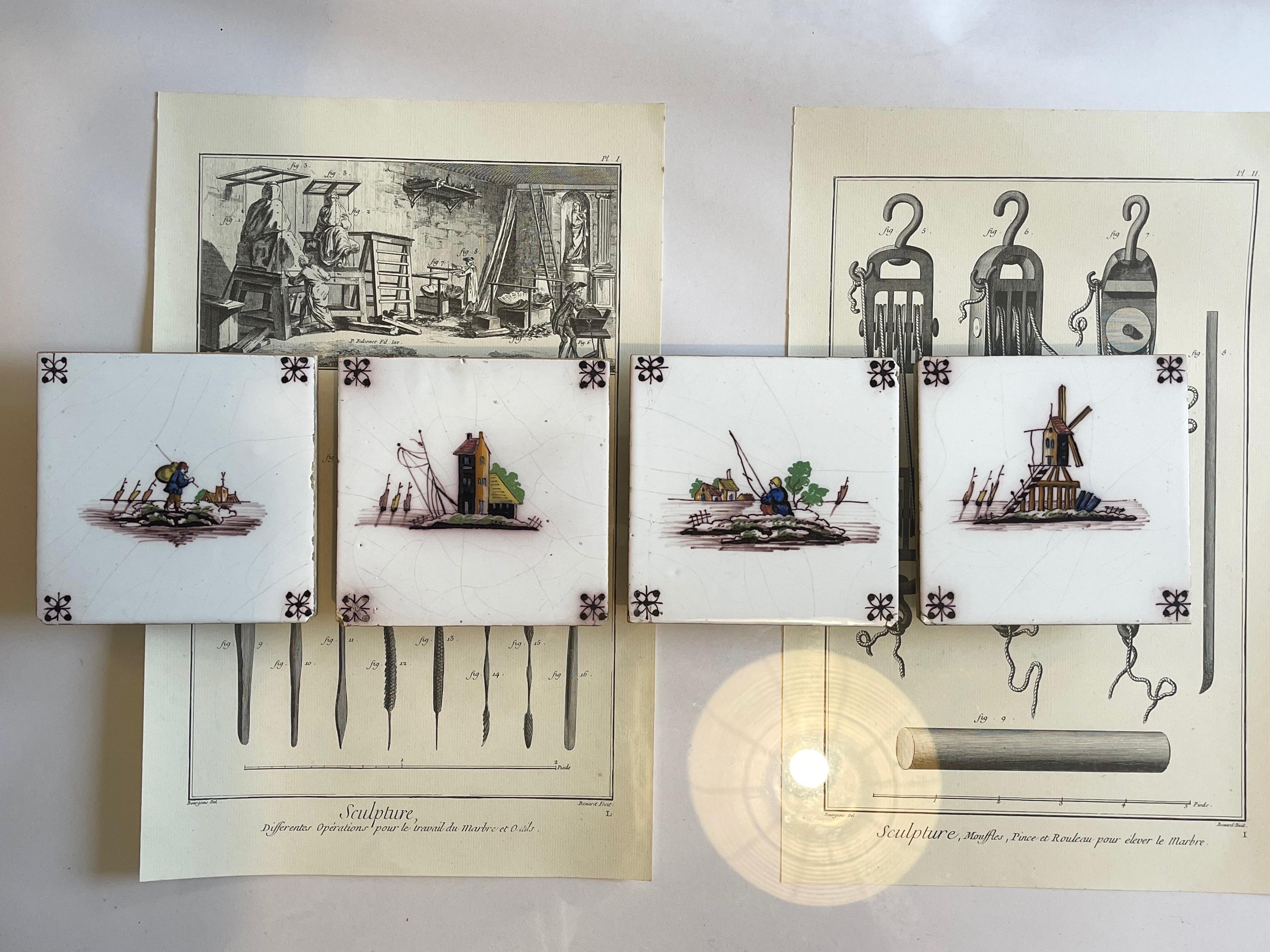 Art Deco Set of Four Old Ceramic Dutch Tiles, Windmill & Farmers, Hand Painted For Sale