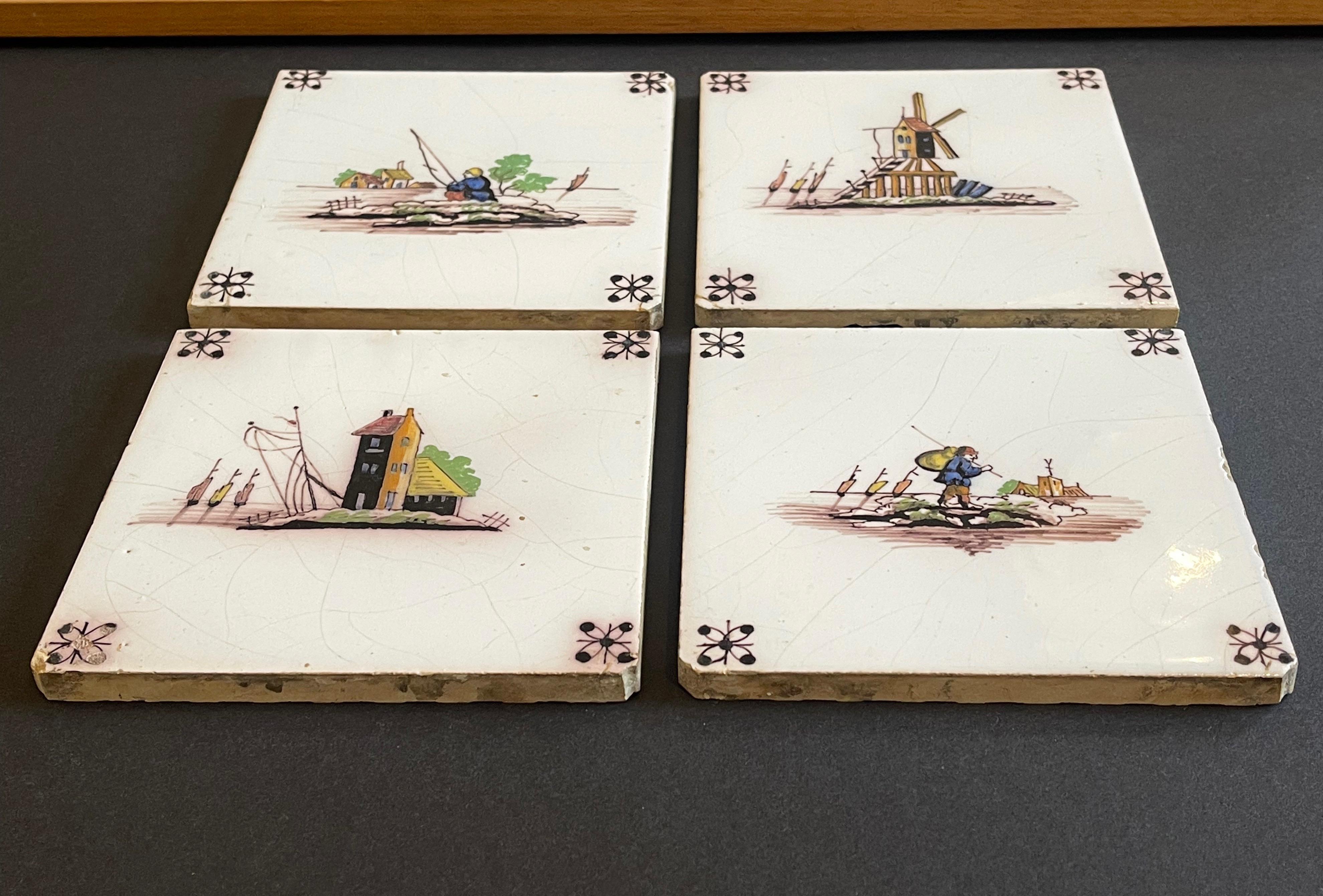 German Set of Four Old Ceramic Dutch Tiles, Windmill & Farmers, Hand Painted For Sale