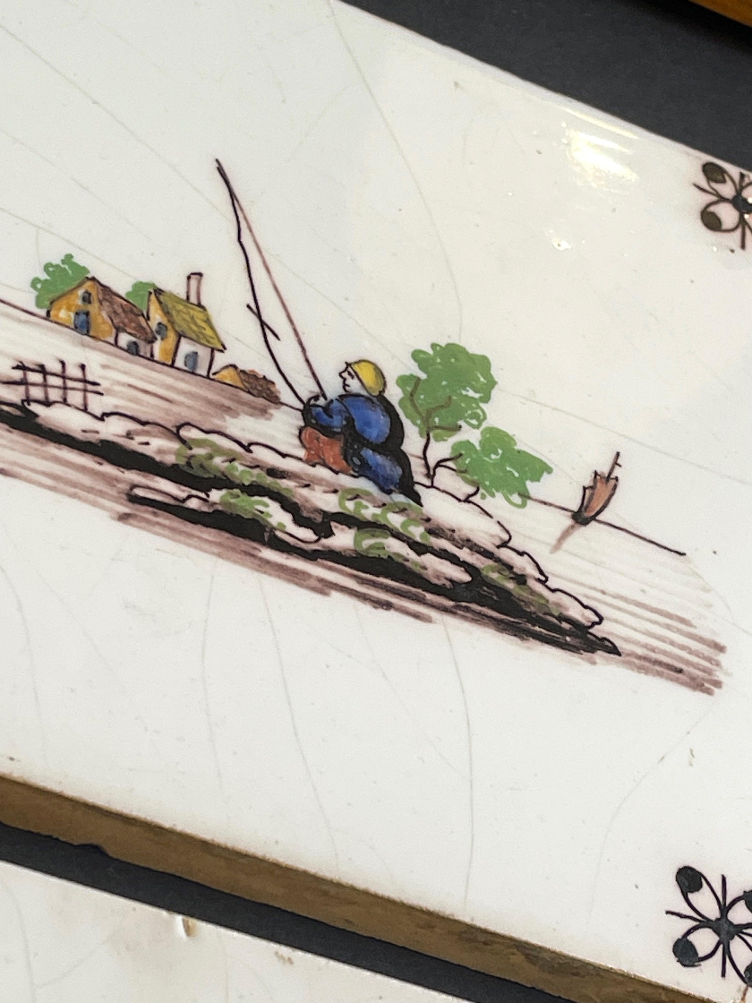 Hand-Crafted Set of Four Old Ceramic Dutch Tiles, Windmill & Farmers, Hand Painted For Sale