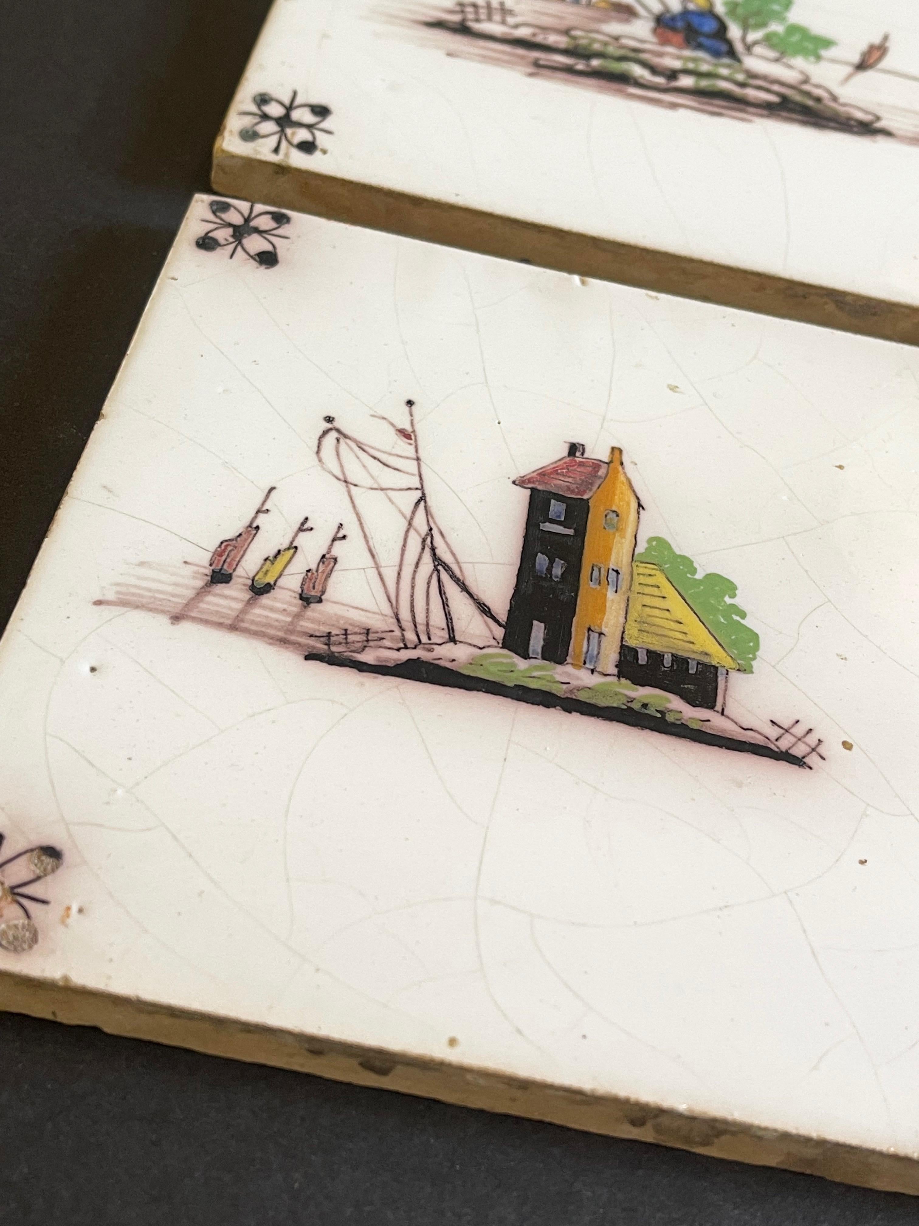 20th Century Set of Four Old Ceramic Dutch Tiles, Windmill & Farmers, Hand Painted For Sale