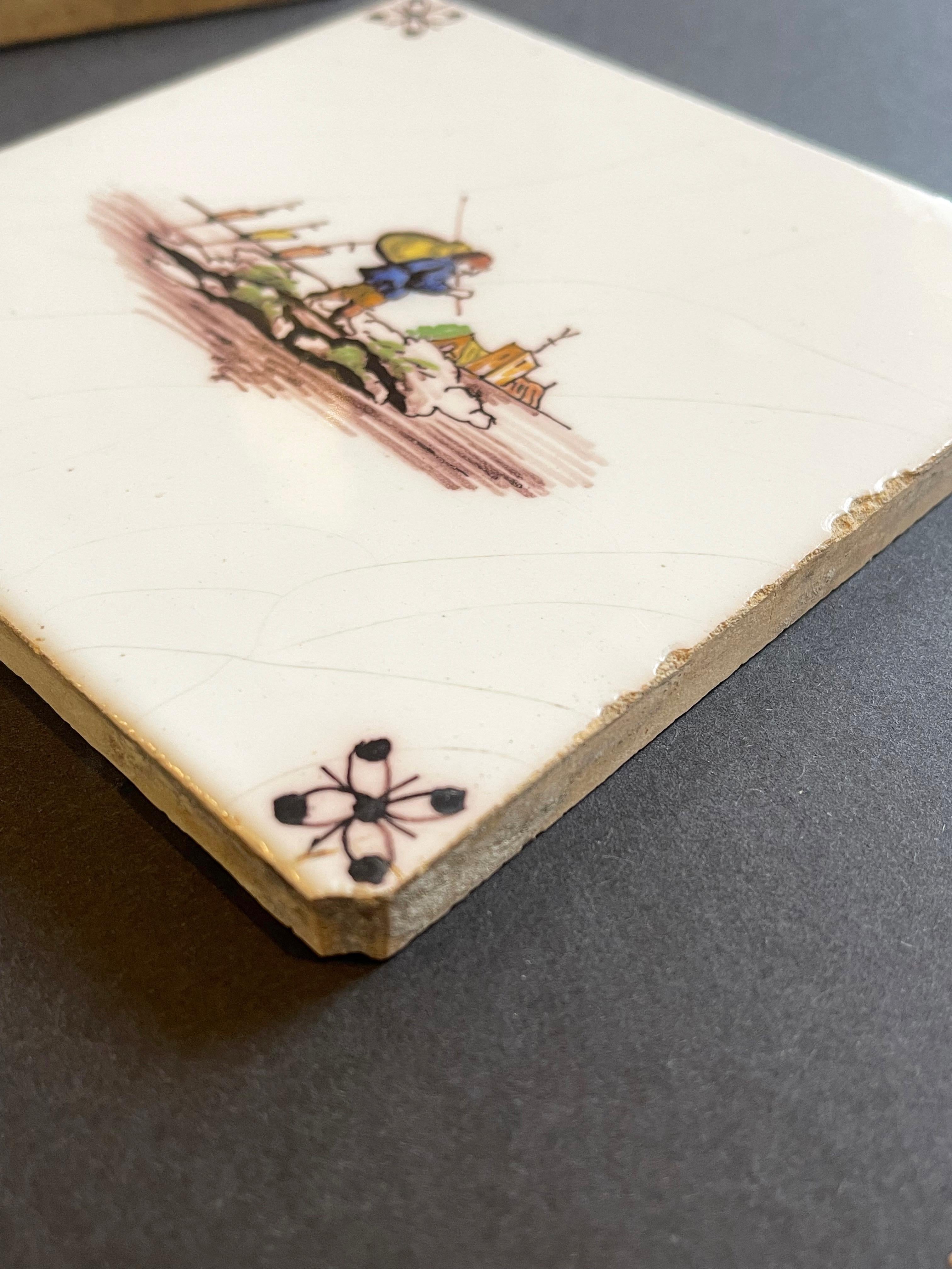 Set of Four Old Ceramic Dutch Tiles, Windmill & Farmers, Hand Painted For Sale 1