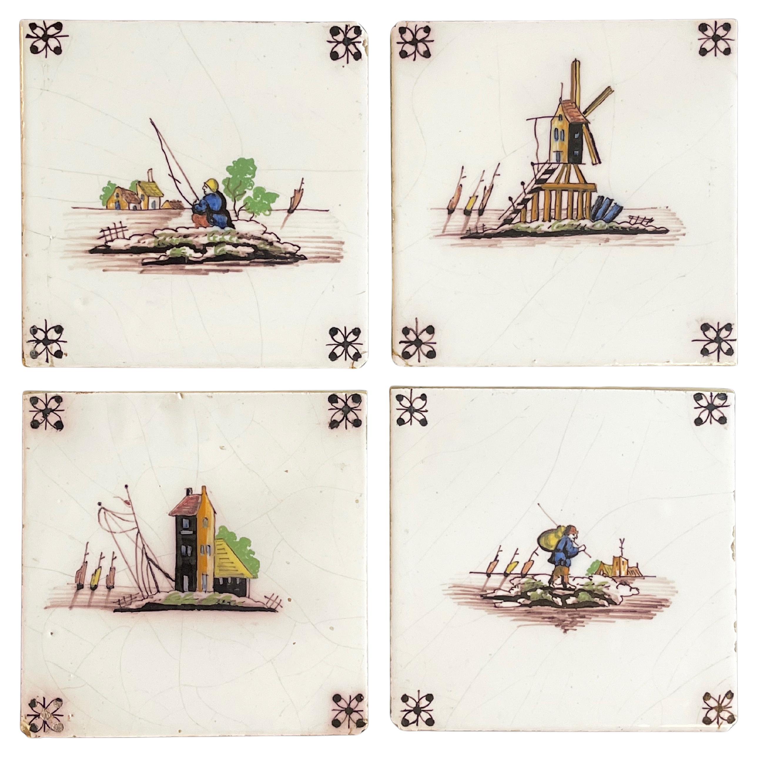 Set of Four Old Ceramic Dutch Tiles, Windmill & Farmers, Hand Painted For Sale