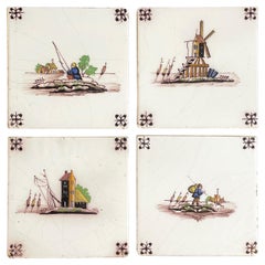 Set of Four Old Ceramic Dutch Tiles, Windmill & Farmers, Hand Painted