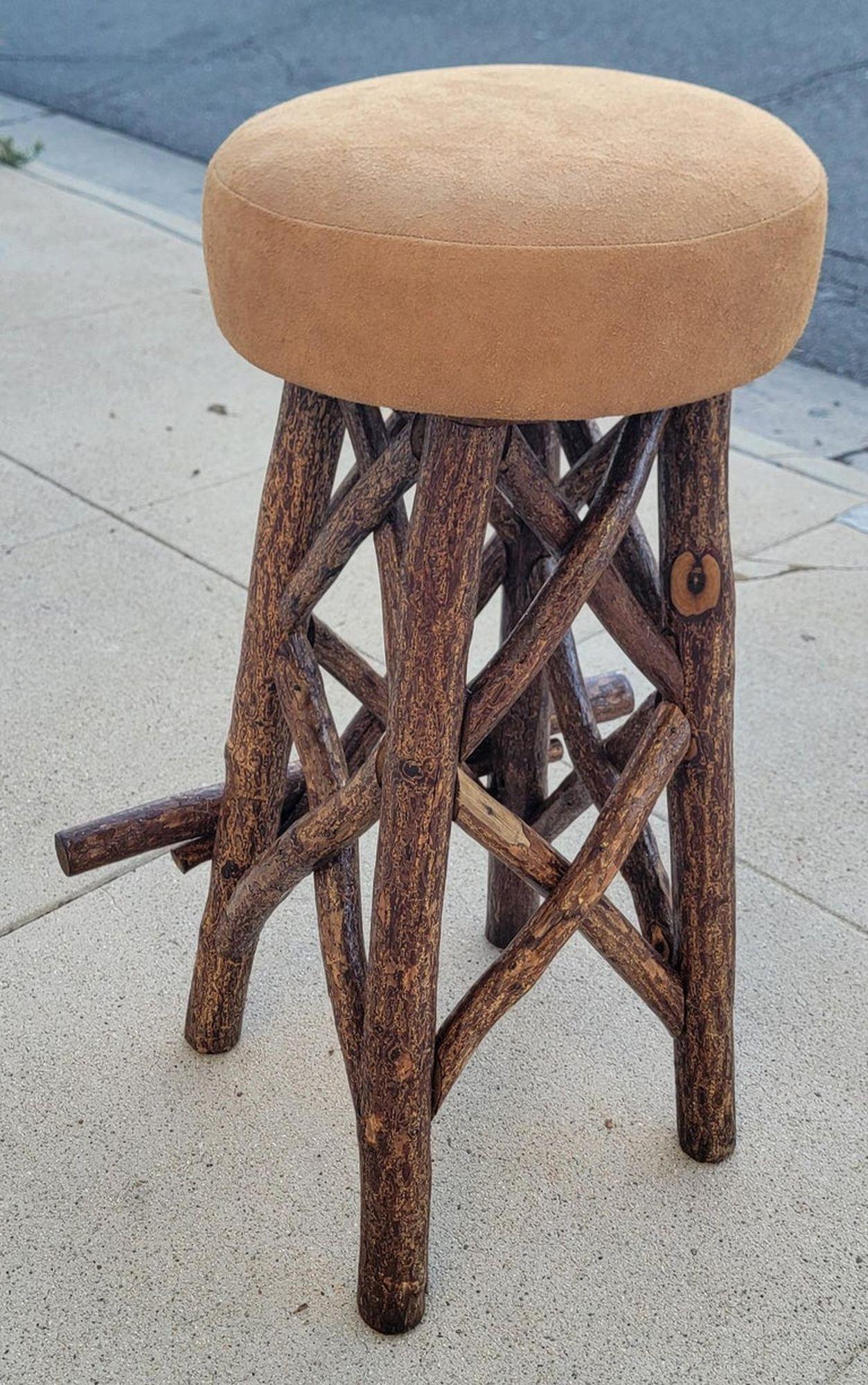 Adirondack Set of Four Old Hickory Bar Stools w/ Leather Top -Set of Four For Sale