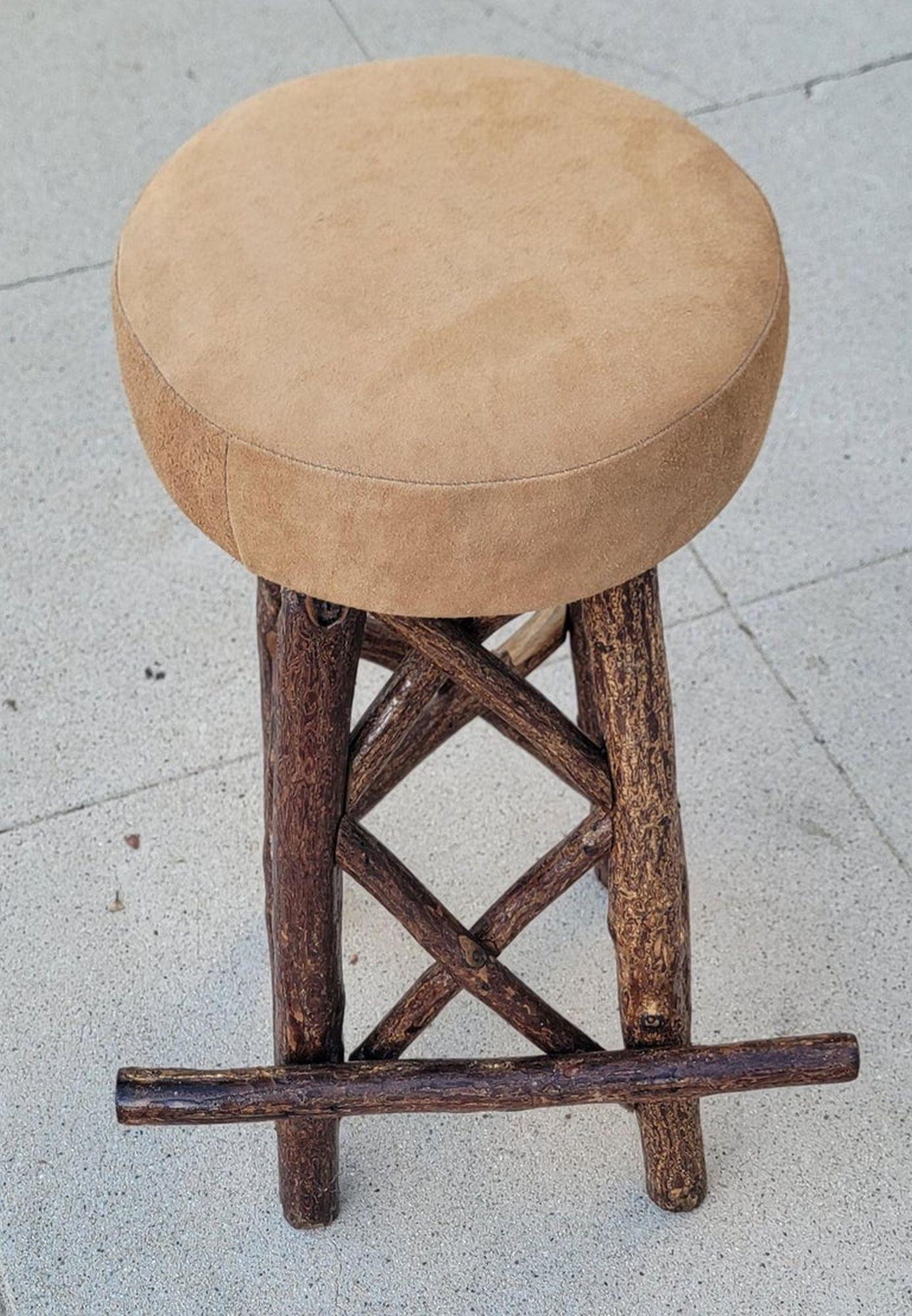 Wood Set of Four Old Hickory Bar Stools w/ Leather Top -Set of Four For Sale