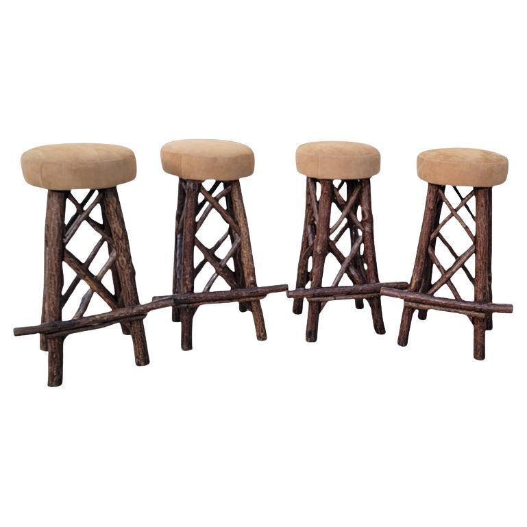 Set of Four Old Hickory Bar Stools w/ Leather Top -Set of Four For Sale